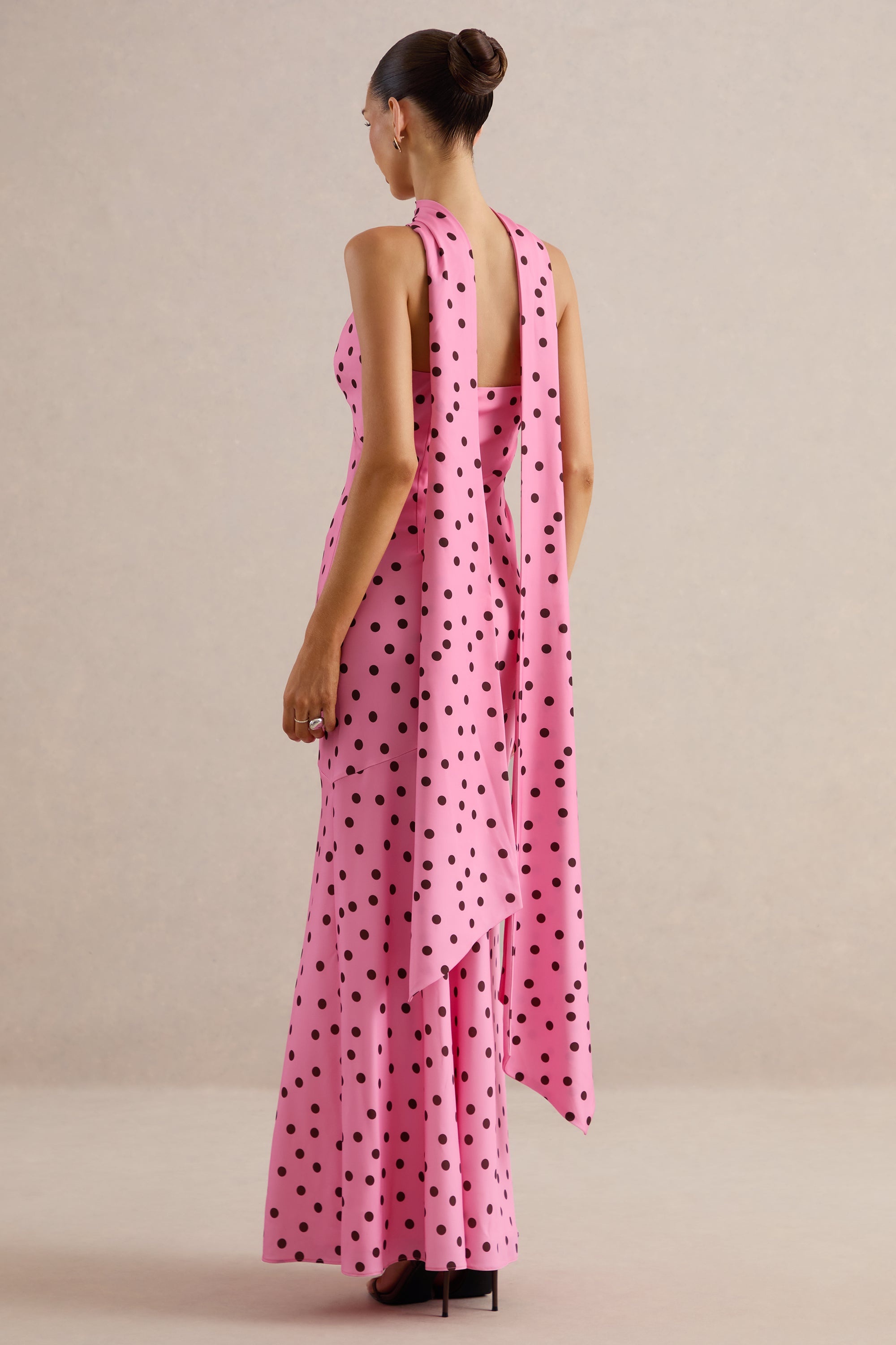 Starling Pink & Black Polka Dot Matte Satin Plunge-Neck Maxi Dress With Scarf-Detail CL137326084 85.jpg