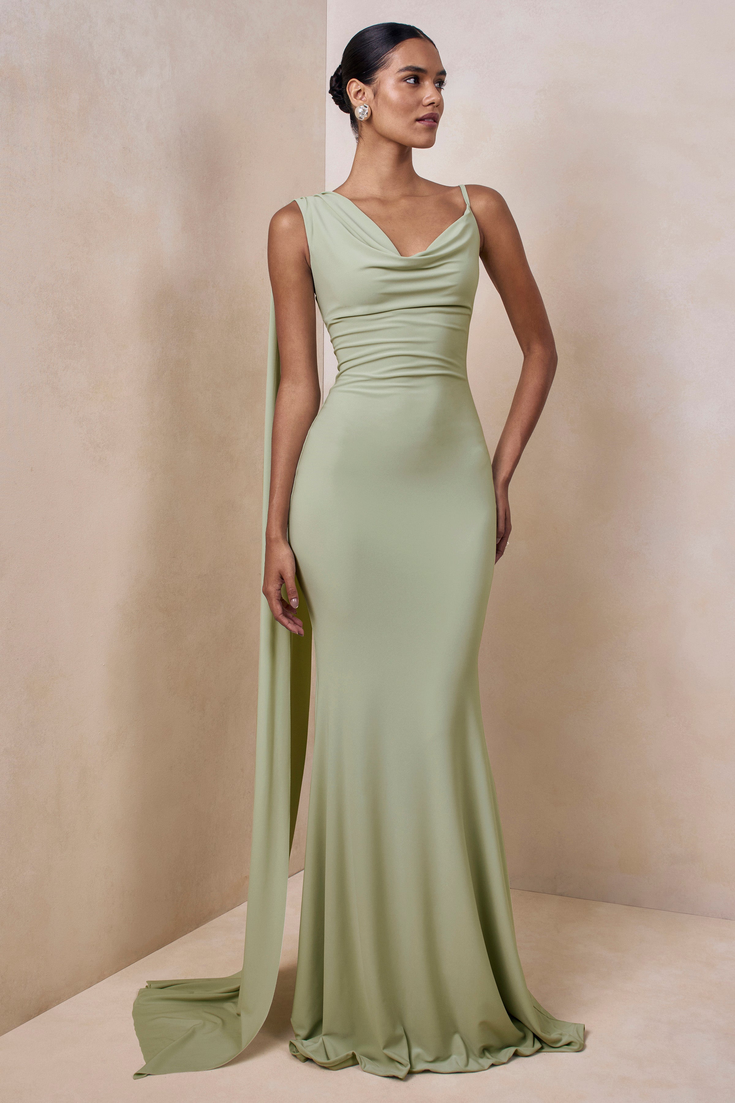 Kenza | Mint Asymmetric-Neck Maxi Dress With Scarf-Detail – Club L