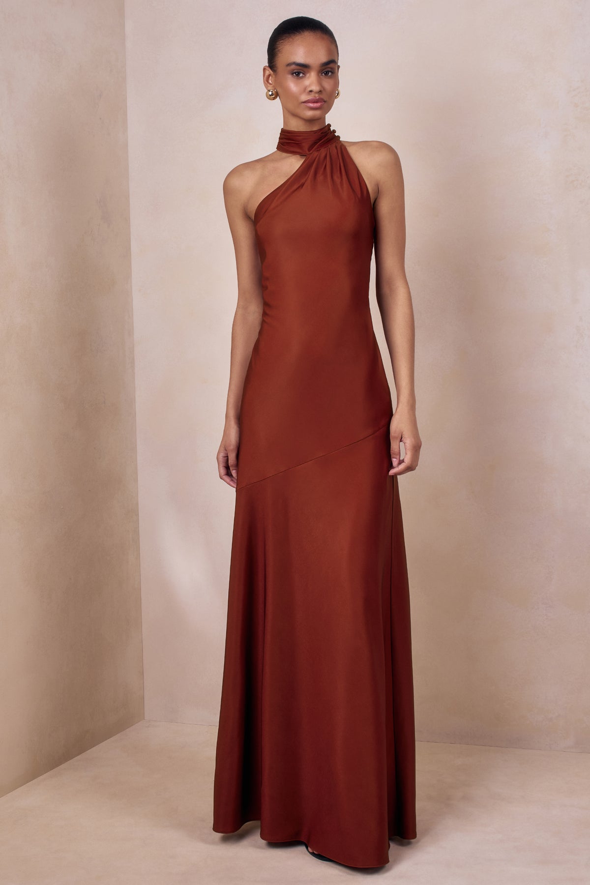 Cara Rust Matte Satin High-Neck Maxi Dress Club L London - UK Cara Rust Matte Satin High-Neck Maxi Dress Club L London - UK