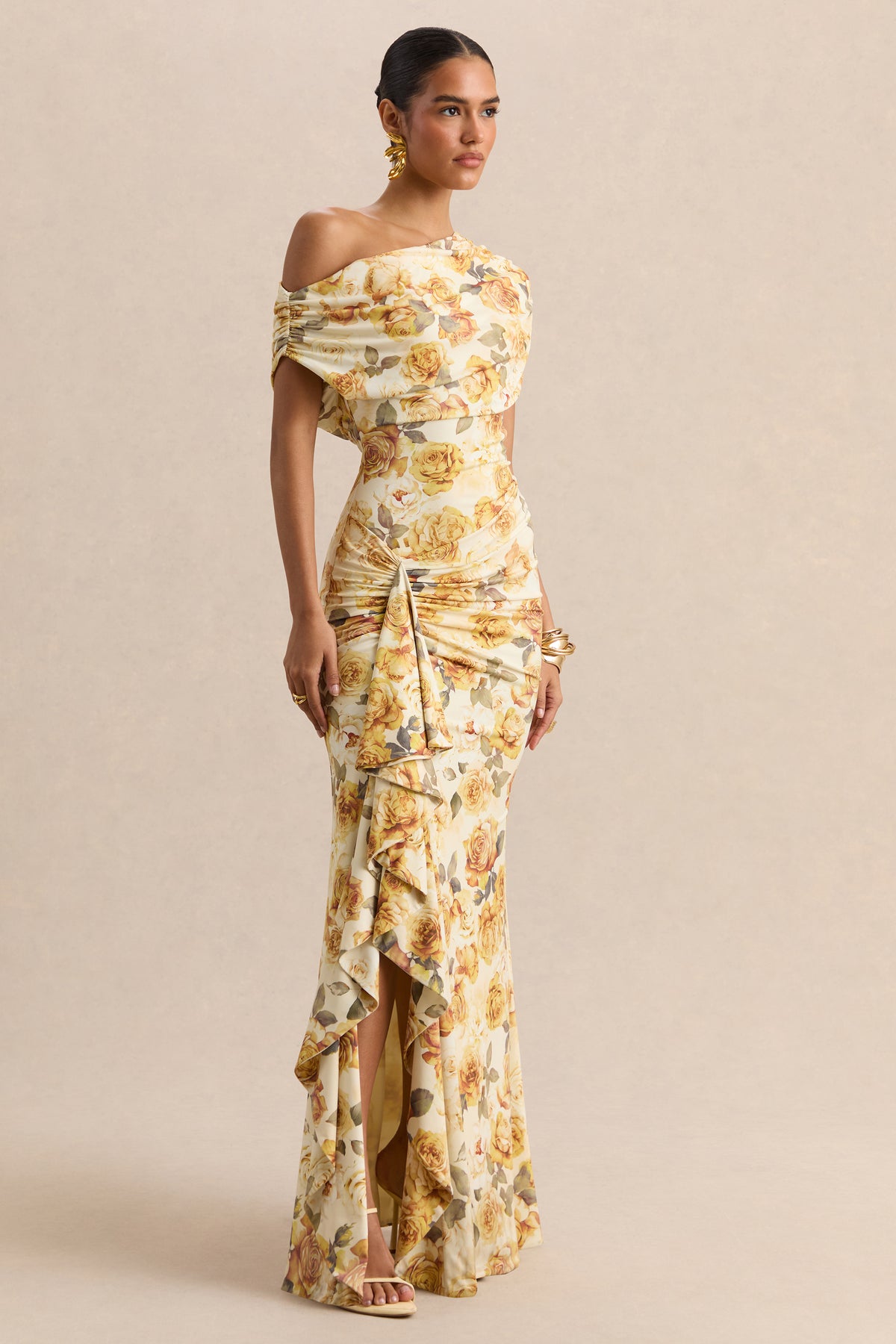 ECM-HR-CL137337124 - Siora - Lemon Rose Print Asymmetric-Neck Maxi Dress With Draped-Detailing 01.jpg