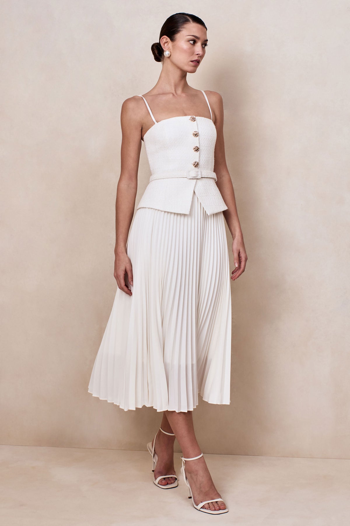 Lizzy Cream Square-Neck Midi Dress With Pleated-Skirt – Club L London