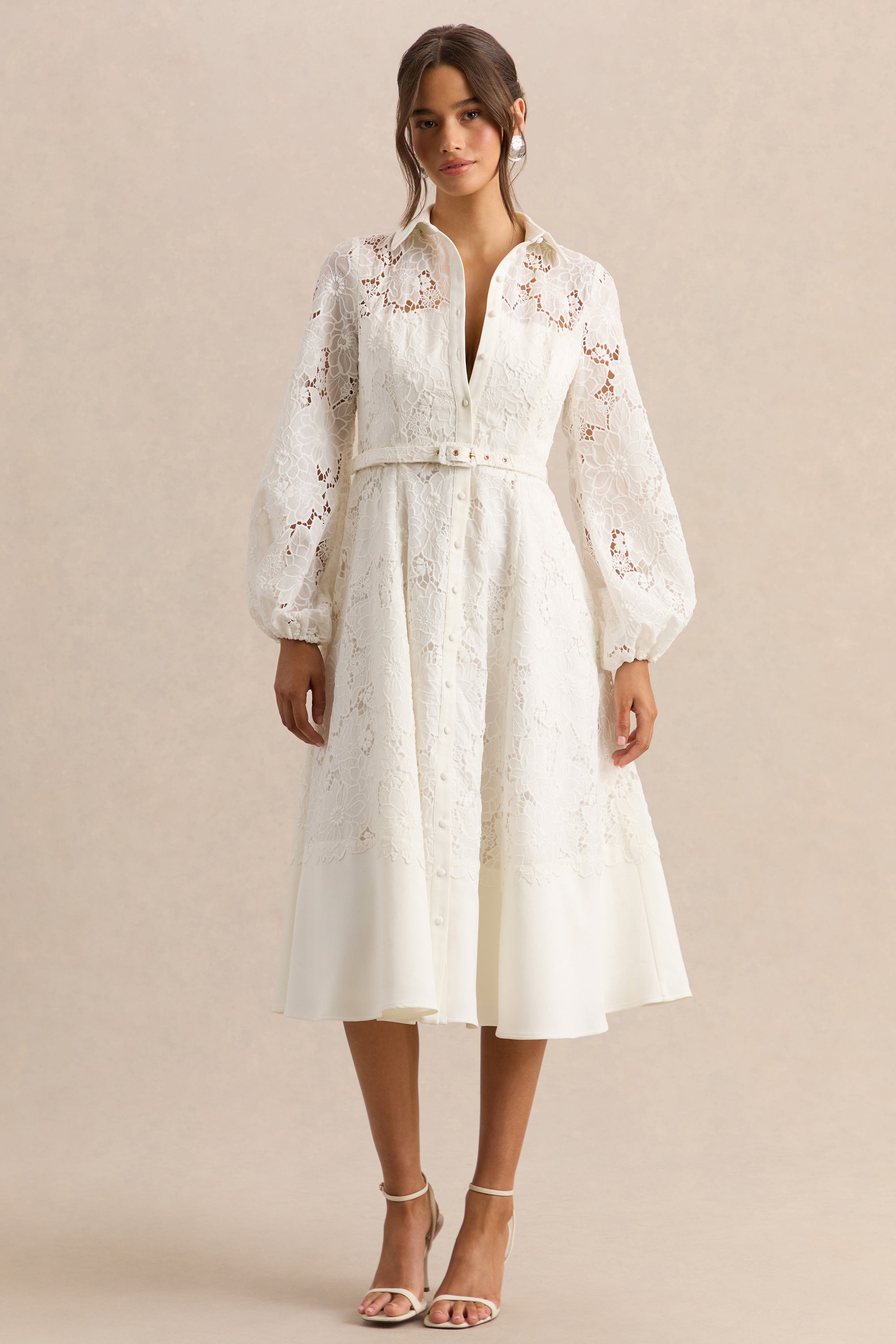 Jules | Cream Broderie High-Neck Tailored Midi Dress With Puff-Sleeves – Club L London