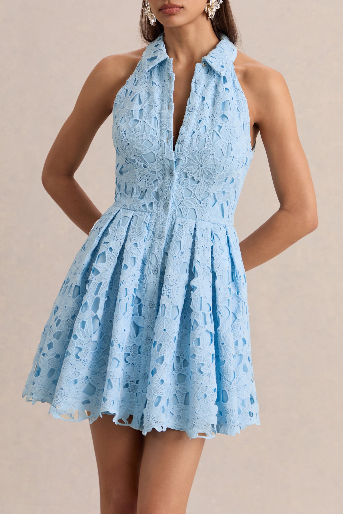 Milly Powder Blue Lace Halter-Neck Mini Dress Club L London - UK Milly Powder Blue Lace Halter-Neck Mini Dress Club L London - UK