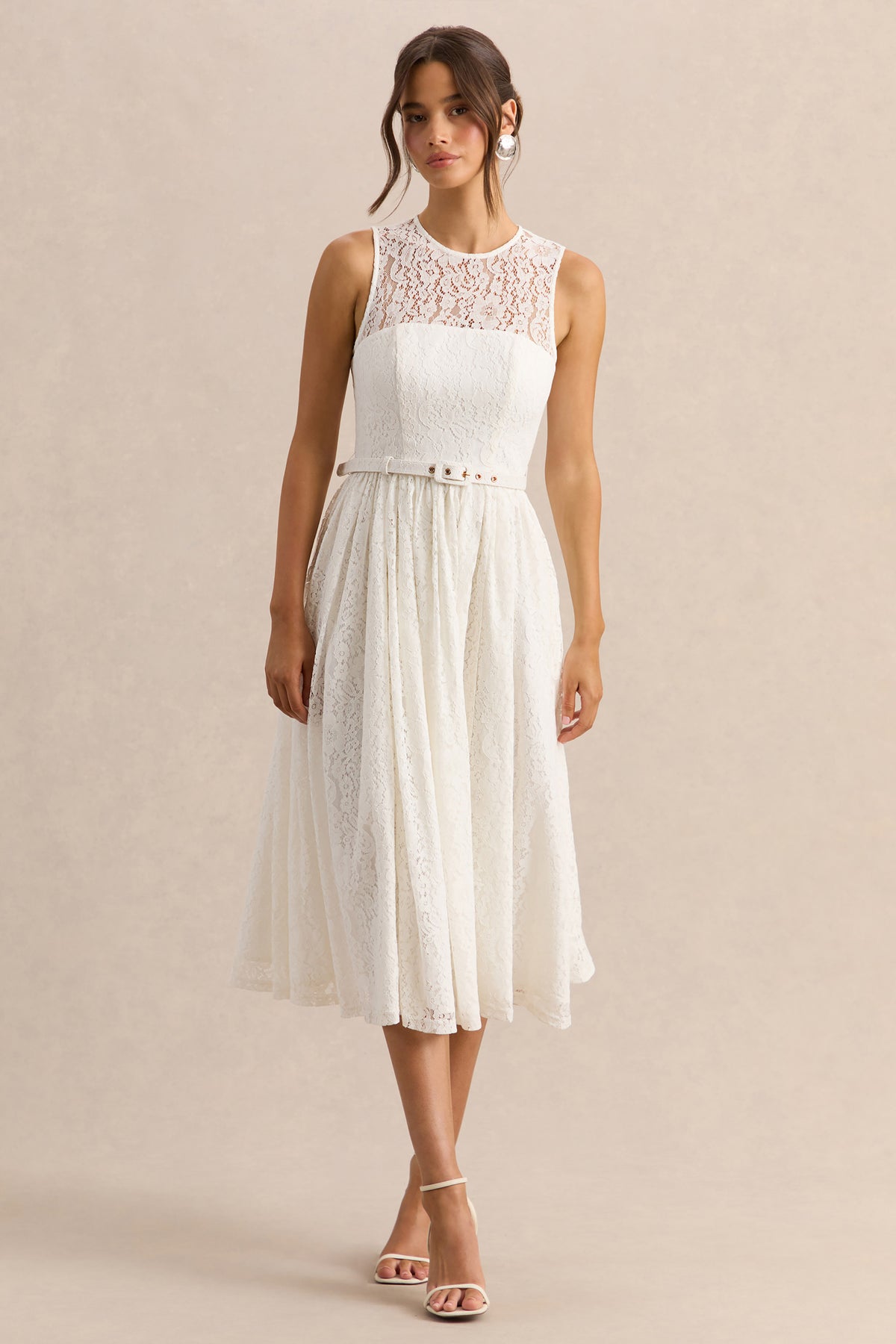 Anabella White Lace Crew-Neck Belted Midi-Dress Club L London - UK Anabella White Lace Crew-Neck Belted Midi-Dress Club L London - UK