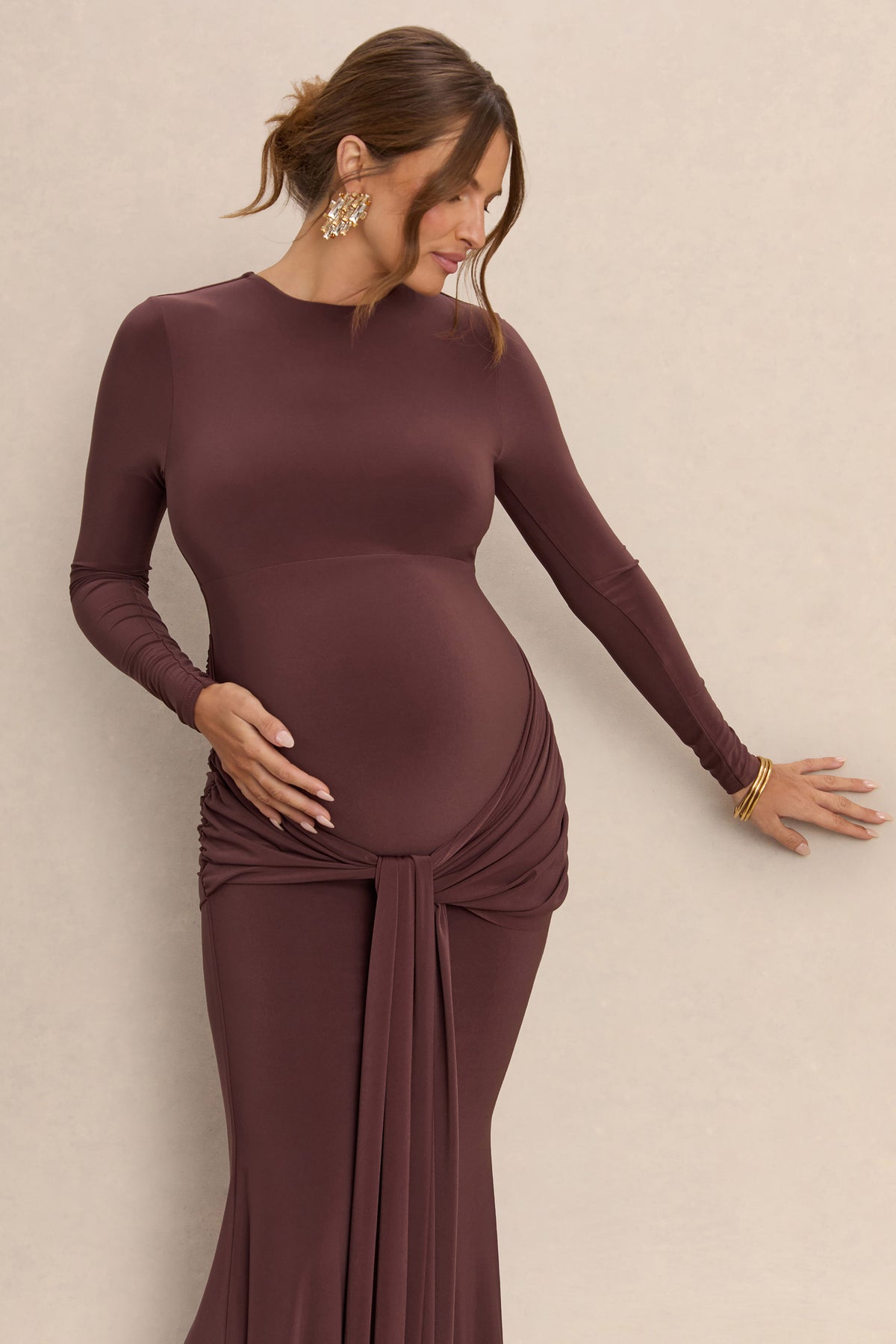 maternity winter dresses uk Winter Maternity Maternity Evening Dresses Uk Zaria Brown Crew-Neck Maternity Maxi Dress With Cape-Overlay