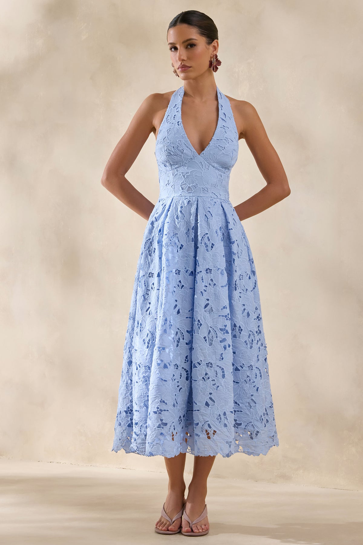 Maribel Powder Blue Lace Plunge-Neck Midi Dress Club L London - UK Maribel Powder Blue Lace Plunge-Neck Midi Dress Club L London - UK