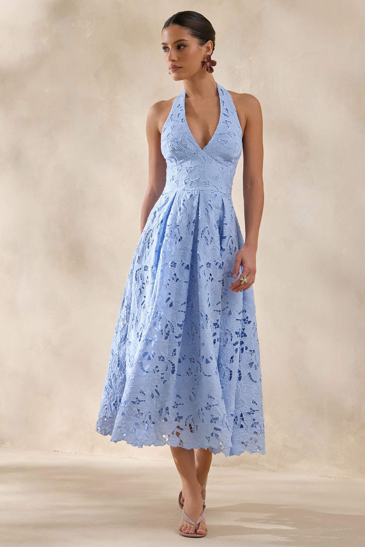 Maribel Powder Blue Lace Plunge-Neck Midi Dress Club L London - UK Maribel Powder Blue Lace Plunge-Neck Midi Dress Club L London - UK