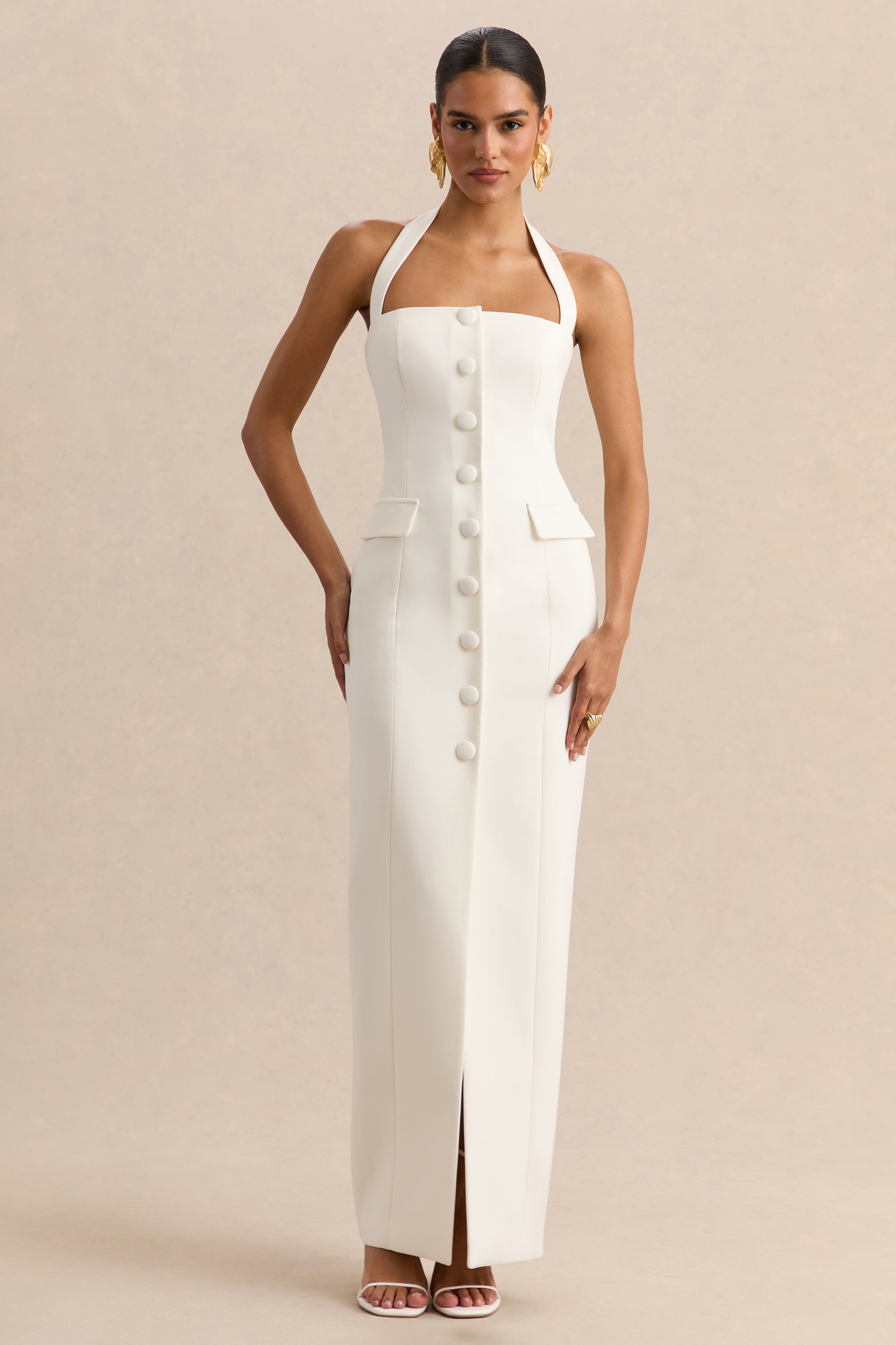 white halter neck dress uk White Quiz Frill Halter Neck Midaxi Dress