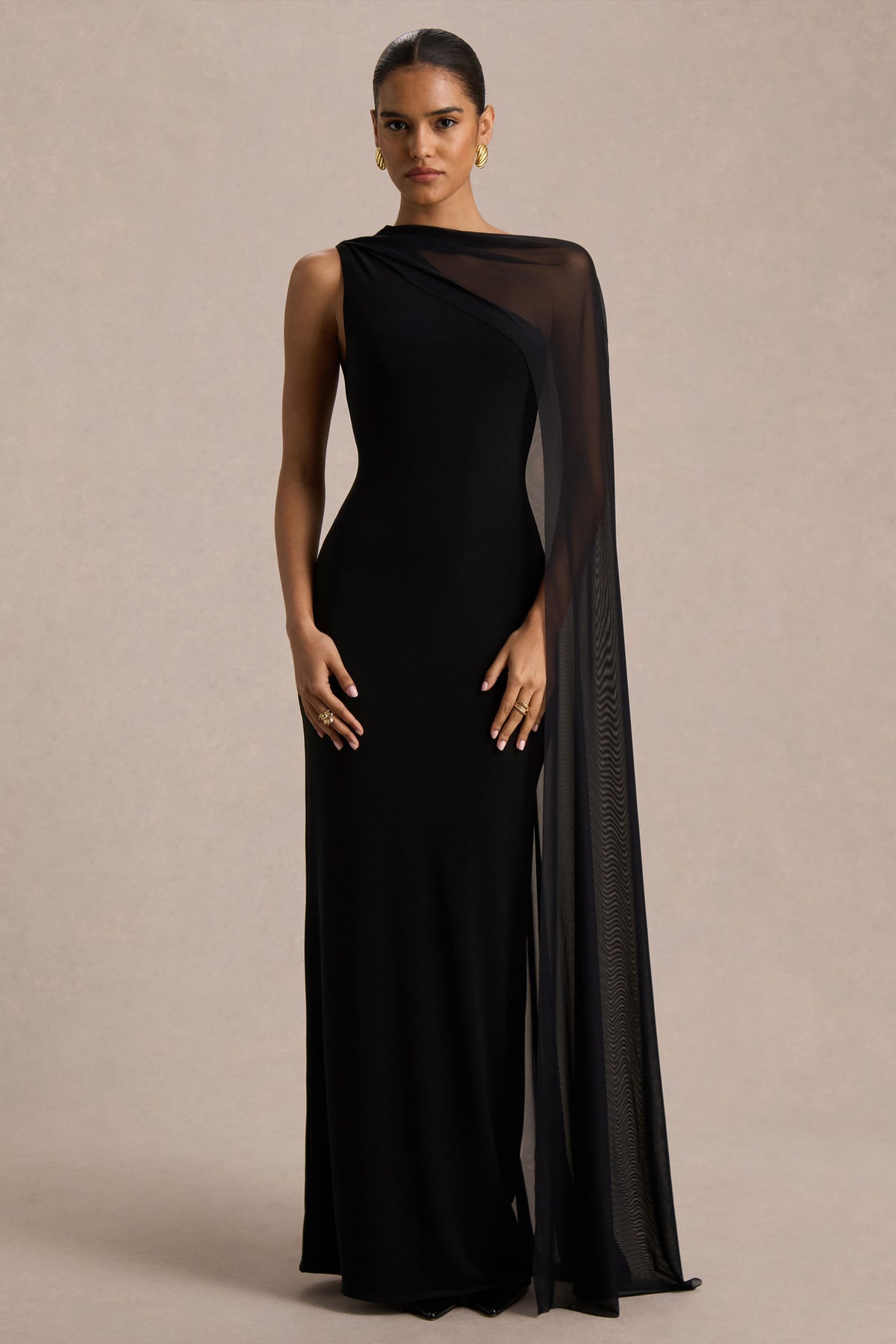 Mirelle Black Asymmetric-Neck Maxi Dress With Sheer Cape-Sleeve Club L London - UK Mirelle Black Asymmetric-Neck Maxi Dress With Sheer Cape-Sleeve Club L London - UK