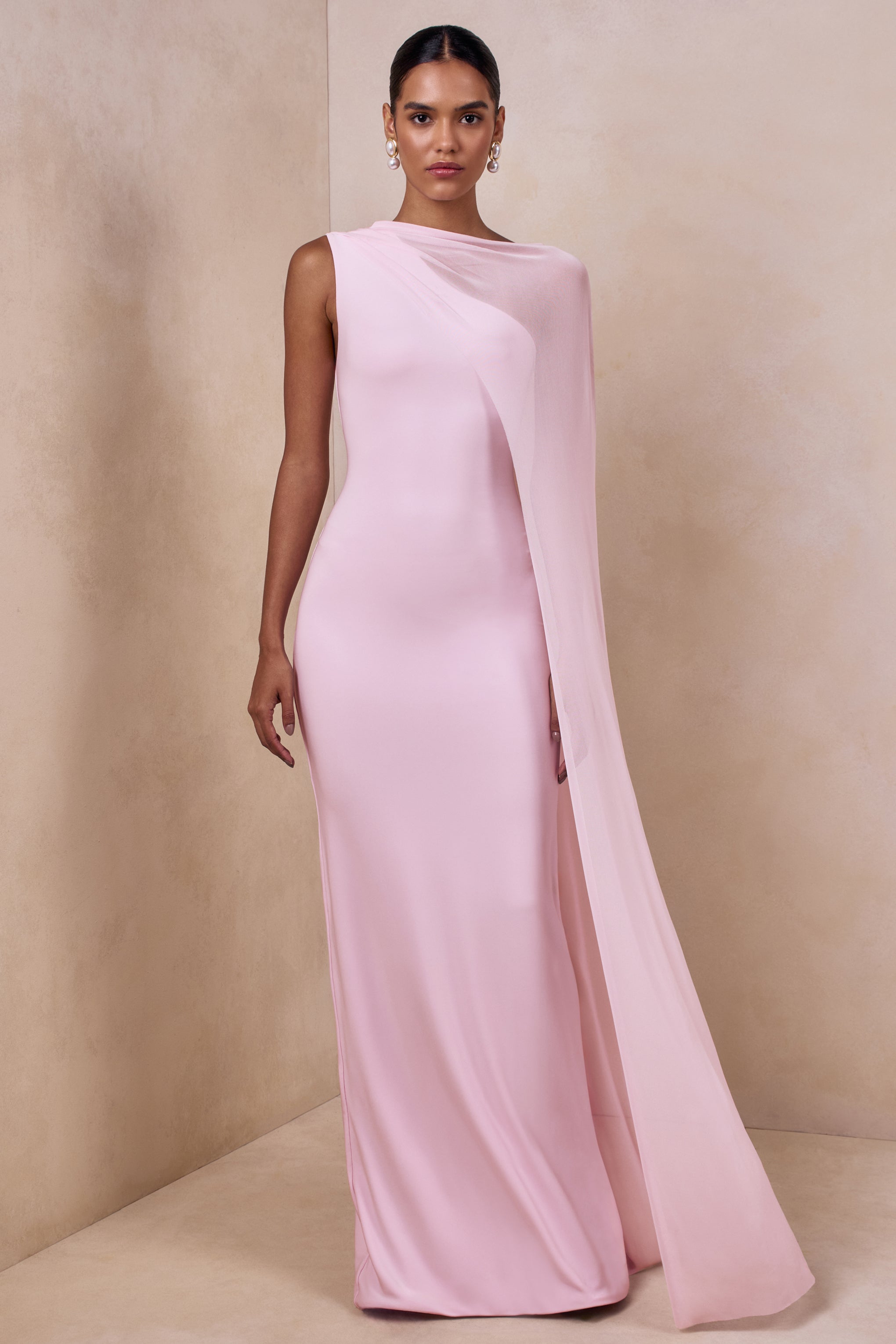 Mirelle | Light Pink Boat-Neck Maxi Dress With Cape-Sleeve – Club