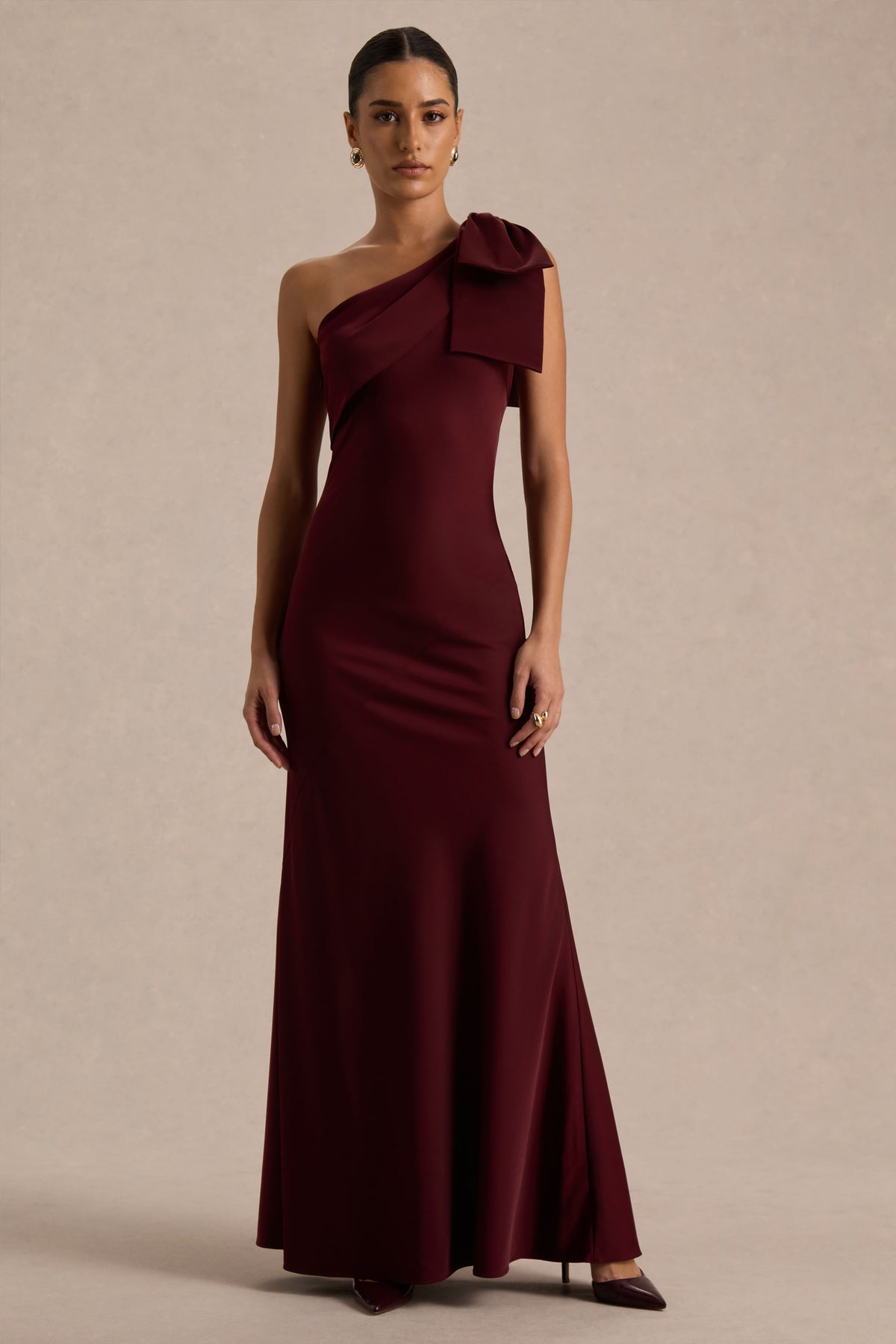 Josephine Burgundy Matte Satin Asymmetric-Neck Maxi Dress With Bow D  Club  L London - UK