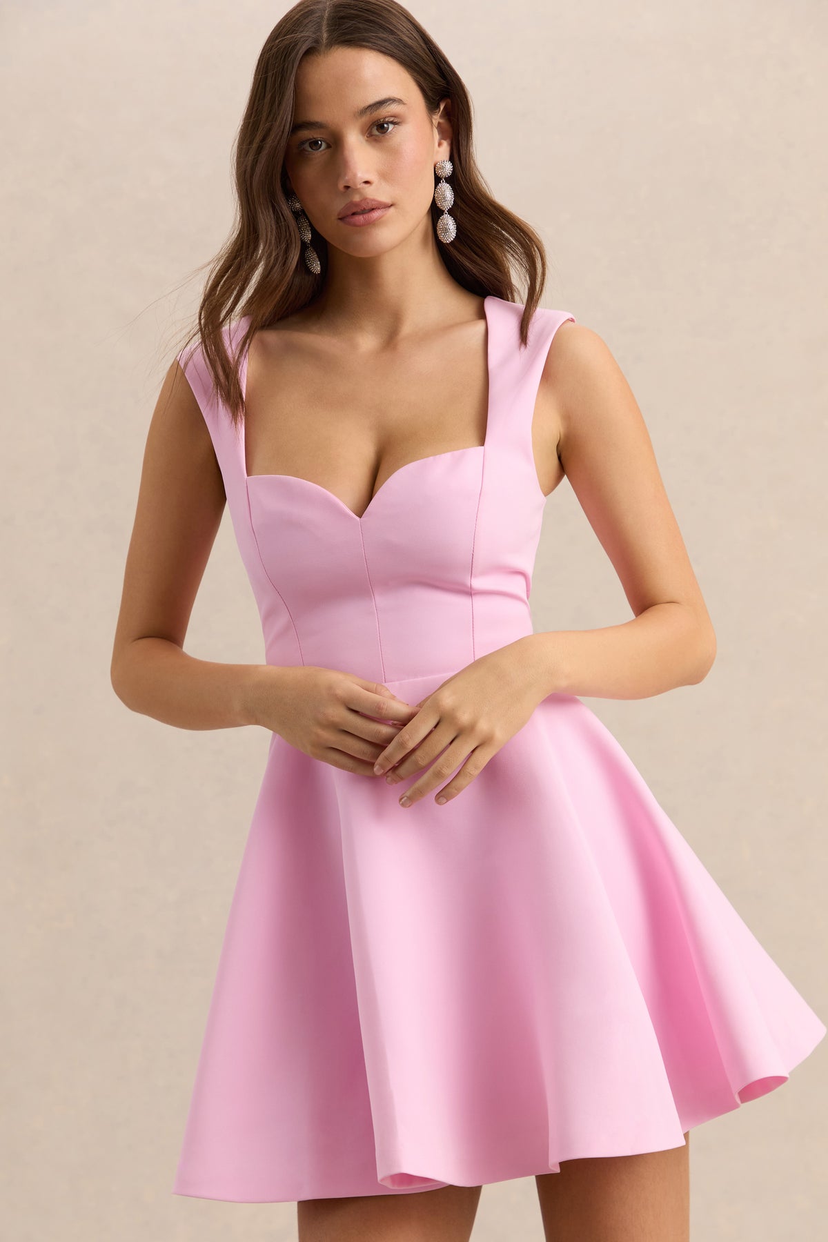 Katya Light Pink Sweetheart-Neck Skater Mini Dress – Club L London