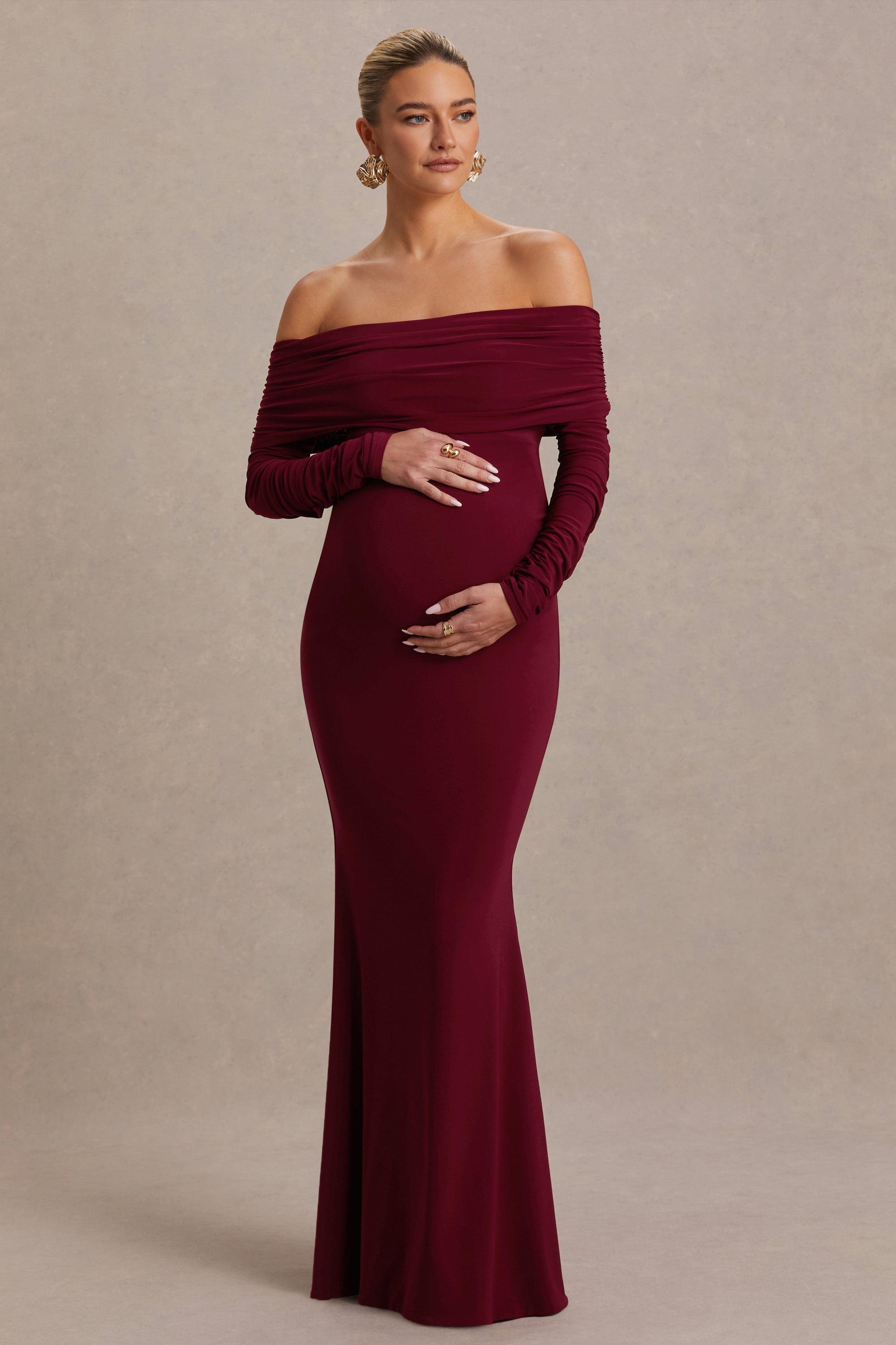 Odessa | Berry Bardot-Neck Maternity Maxi Dress – Club L London