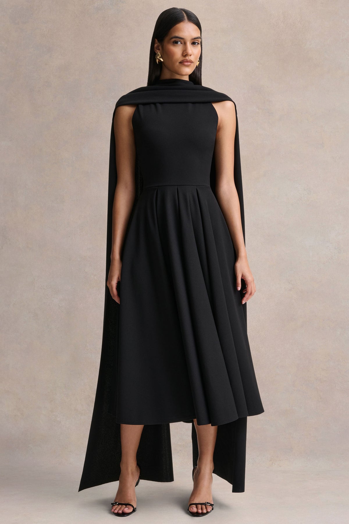 Nova Black High-Neck Midi Dress With Cape-Sleeves – Club L London
