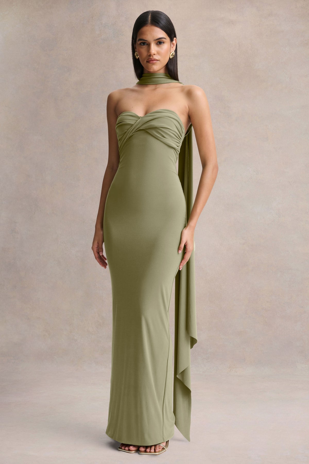 Sheila Olive Bandeau Maxi Dress With Scarf Detail Club L London - UK Sheila Olive Bandeau Maxi Dress With Scarf Detail Club L London - UK