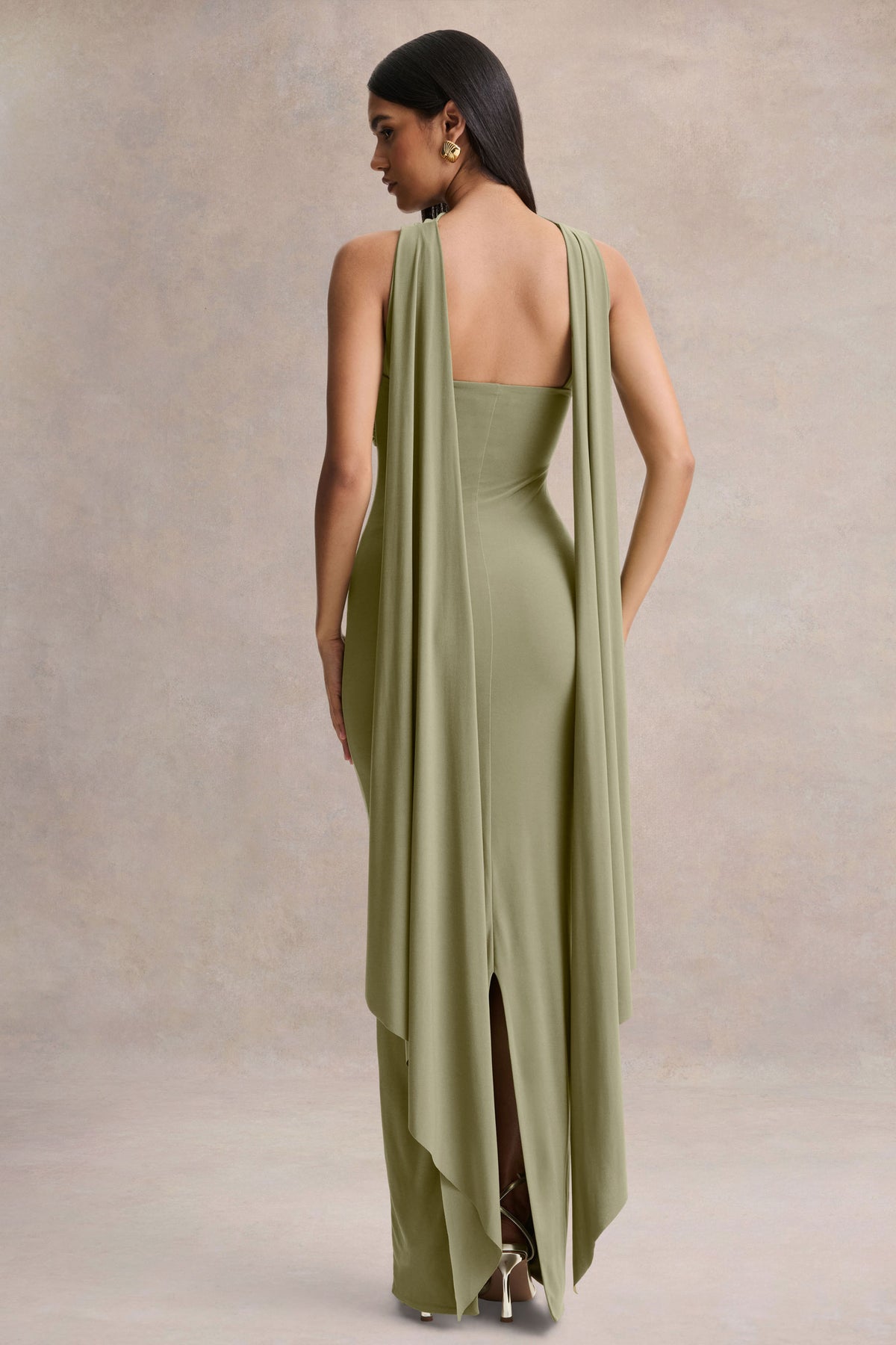 Sheila Olive Bandeau Maxi Dress With Scarf Detail Club L London - UK Sheila Olive Bandeau Maxi Dress With Scarf Detail Club L London - UK