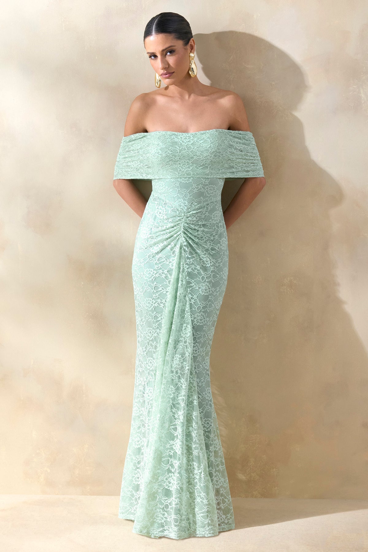 Elinor Sage Lace Bardot-Neck Maxi Dress With Gathered-Detailing Club L London - UK Elinor Sage Lace Bardot-Neck Maxi Dress With Gathered-Detailing Club L London - UK