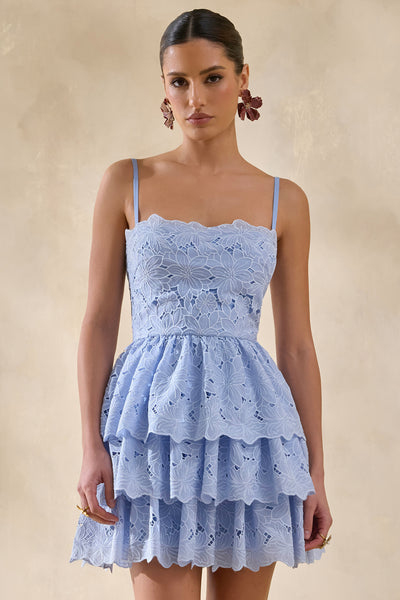 blue lace mini dress Winona Powder Blue Lace Square-Neck Mini Dress With Ruffled Detailin – Club  L London