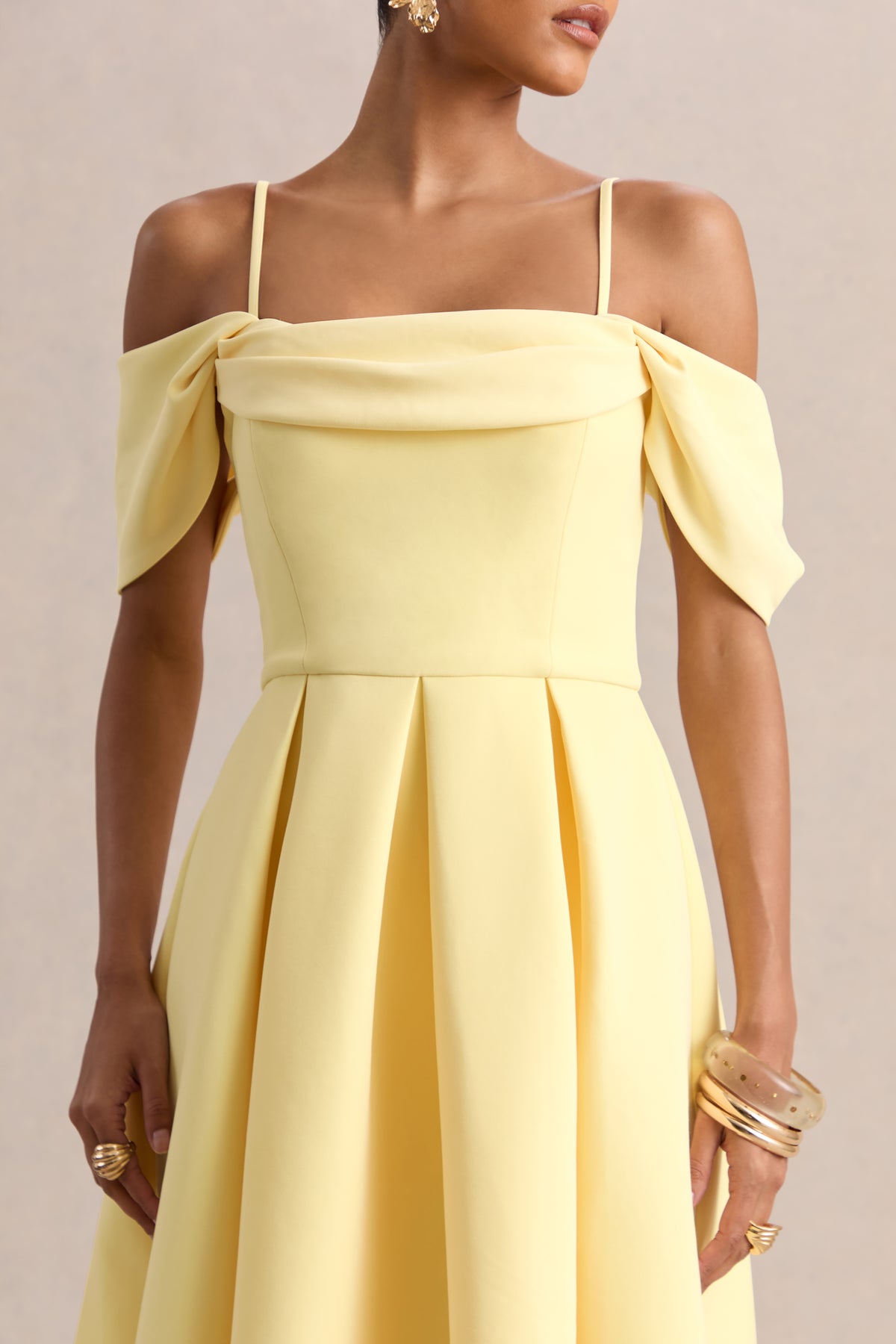 knee length dresses for ladies Cosima Lemon Bardot-Neck Midi Dress – Club L London