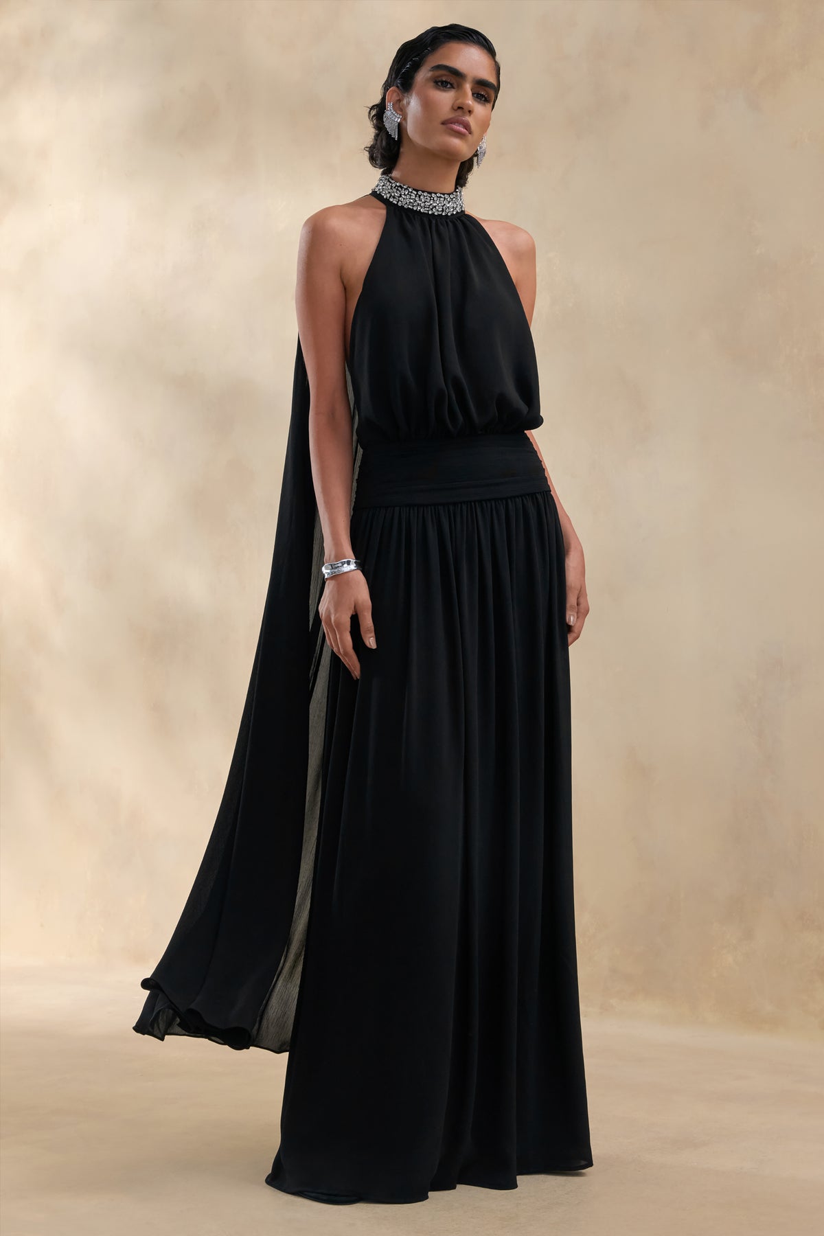 Marie Black Halter-Neck Maxi Dress With Embellished Detailing Club L London - UK Marie Black Halter-Neck Maxi Dress With Embellished Detailing Club L London - UK