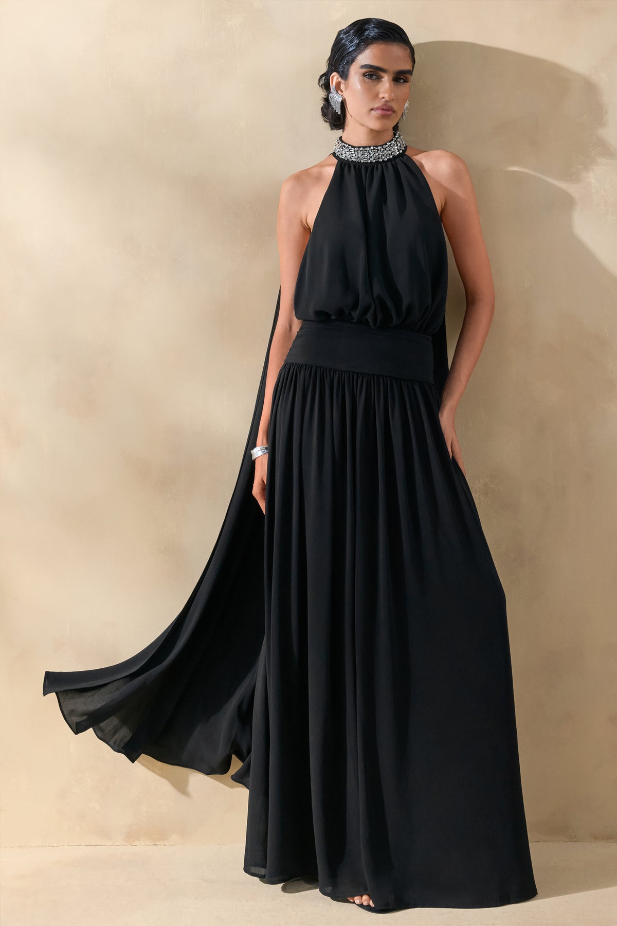 Marie Black Halter-Neck Maxi Dress With Embellished Detailing – Club L