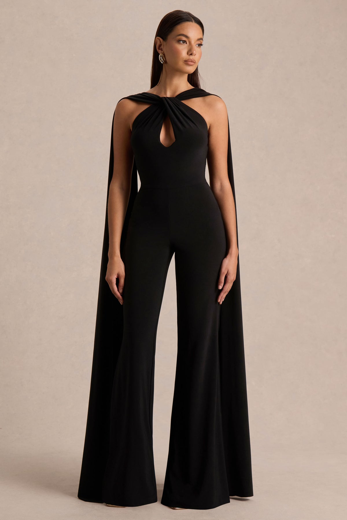 Mindy Black Twist Halter-Neck Jumpsuit With Cape  Club L London - UK
