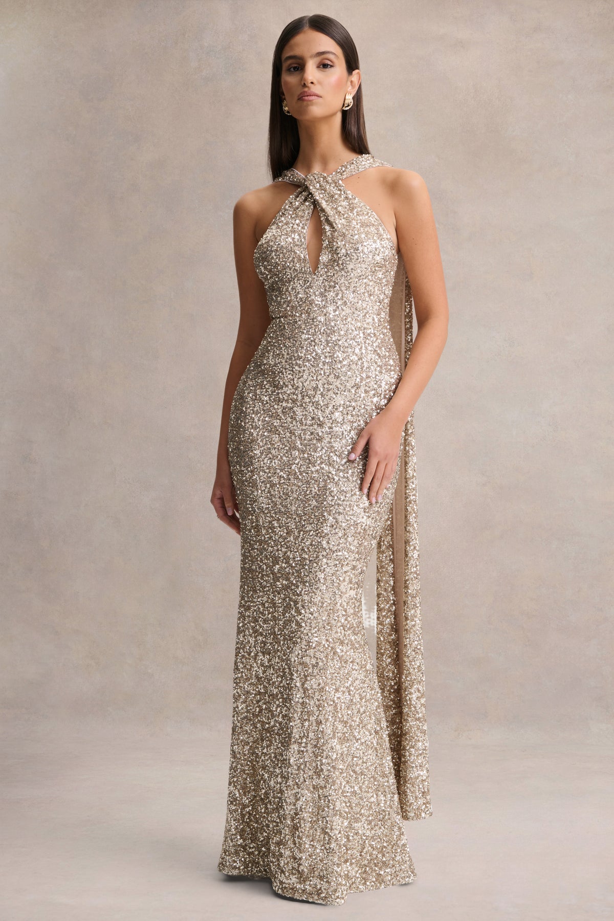 Renelle Gold Sequin Halter-Neck Maxi Dress Club L London - UK Renelle Gold Sequin Halter-Neck Maxi Dress Club L London - UK