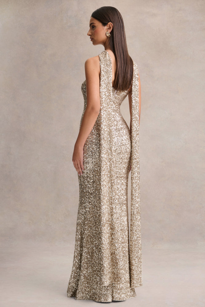 Renelle Gold Sequin Halter-Neck Maxi Dress  Club L London - UK