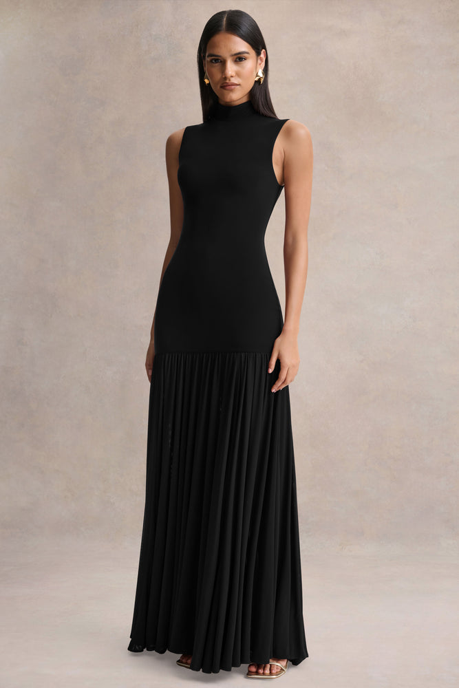 Gigi Black High-Neck Maxi Dress With Drop-Waist And Sheer Skirt – Club L  London