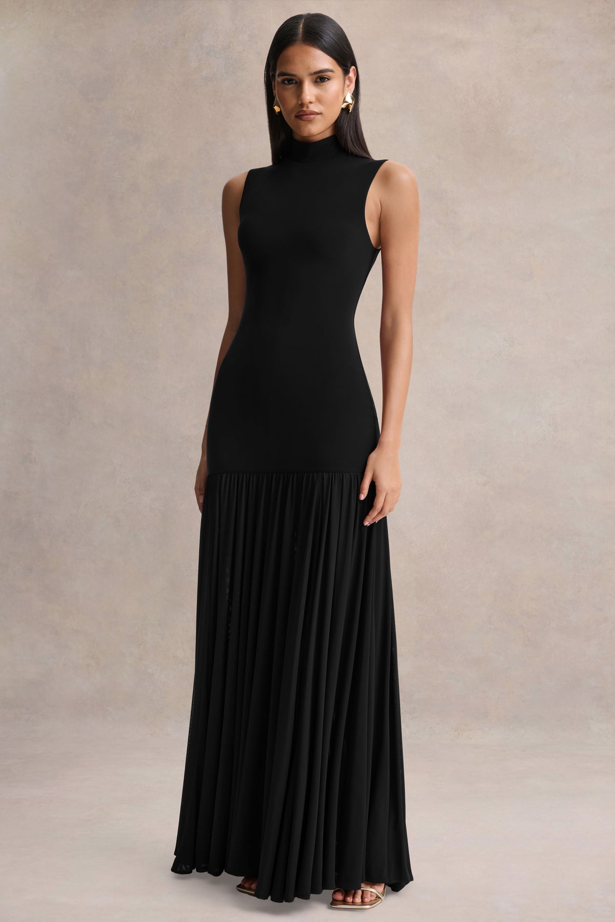 Gigi Black High-Neck Maxi Dress With Drop-Waist And Sheer Skirt Club L London - UK Gigi Black High-Neck Maxi Dress With Drop-Waist And Sheer Skirt Club L London - UK
