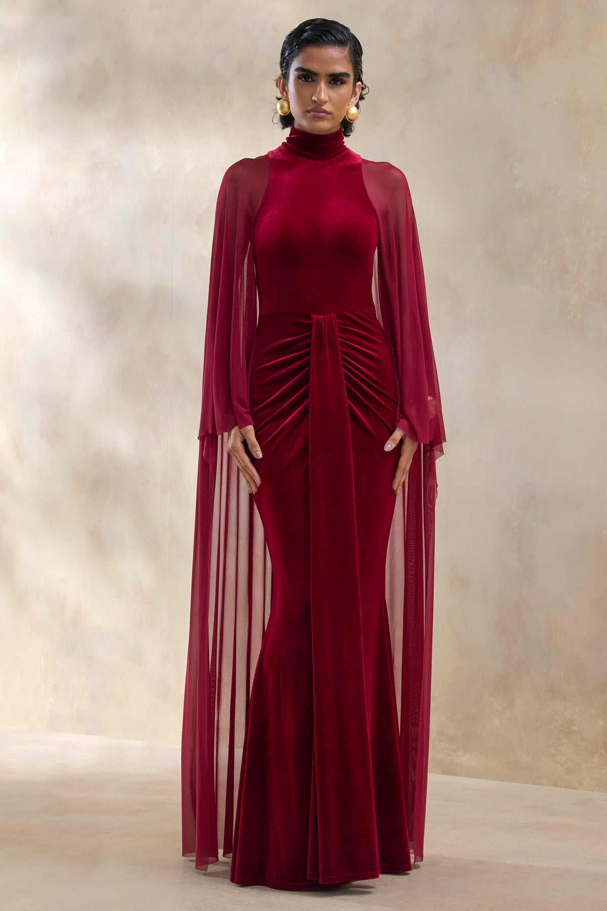 Adoring Burgundy Velvet High-Neck Maxi Dress With Cape – Club L London