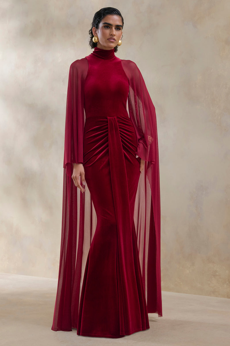 Adoring | Burgundy Velvet High-Neck Maxi Dress With Cape – Club L ...