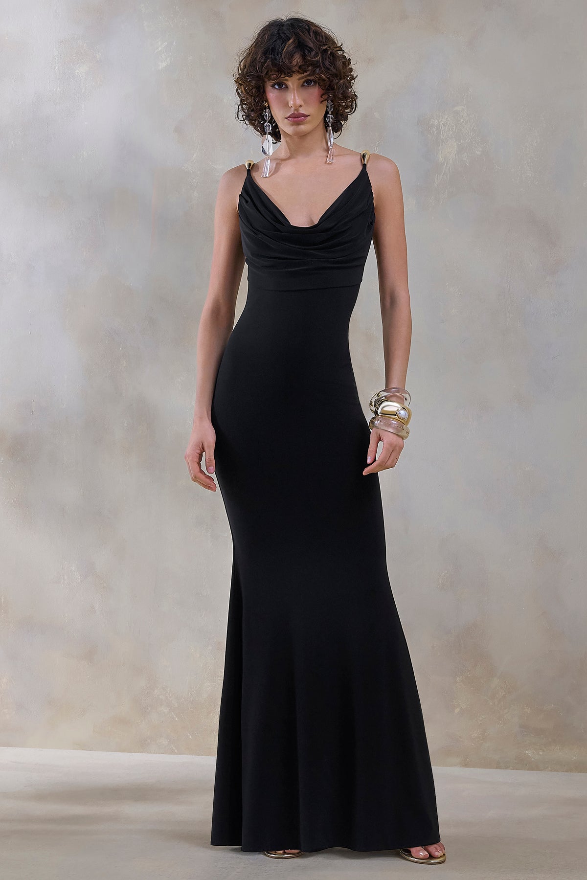 Iridessa Black Plunge-Neck Maxi Dress – Club L London