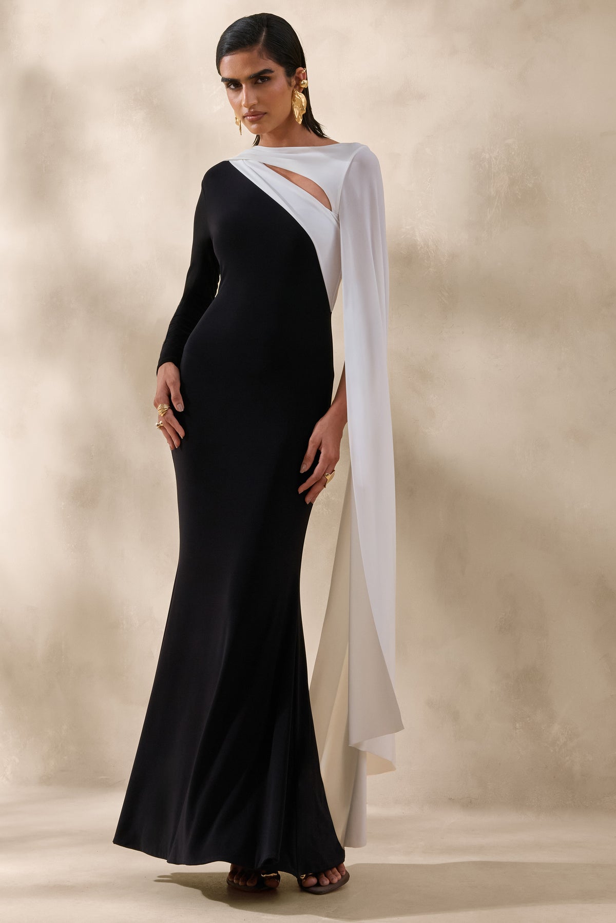 Dabria Black And White Asymmetric-Neck Maxi Dress With Cape-Sleeve – Club L  London