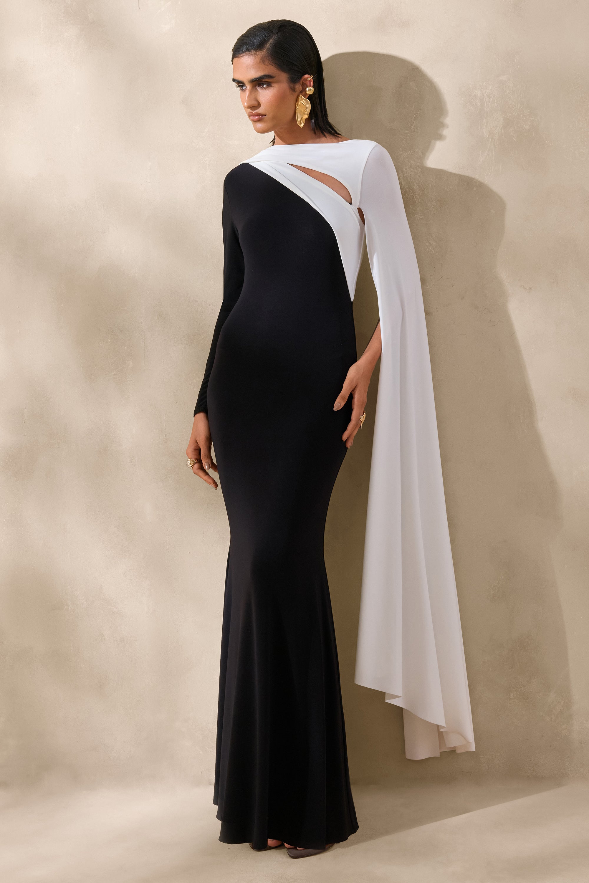 Dabria | Black And White Asymmetric-Neck Maxi Dress With Cape-Sleeve – Club L London