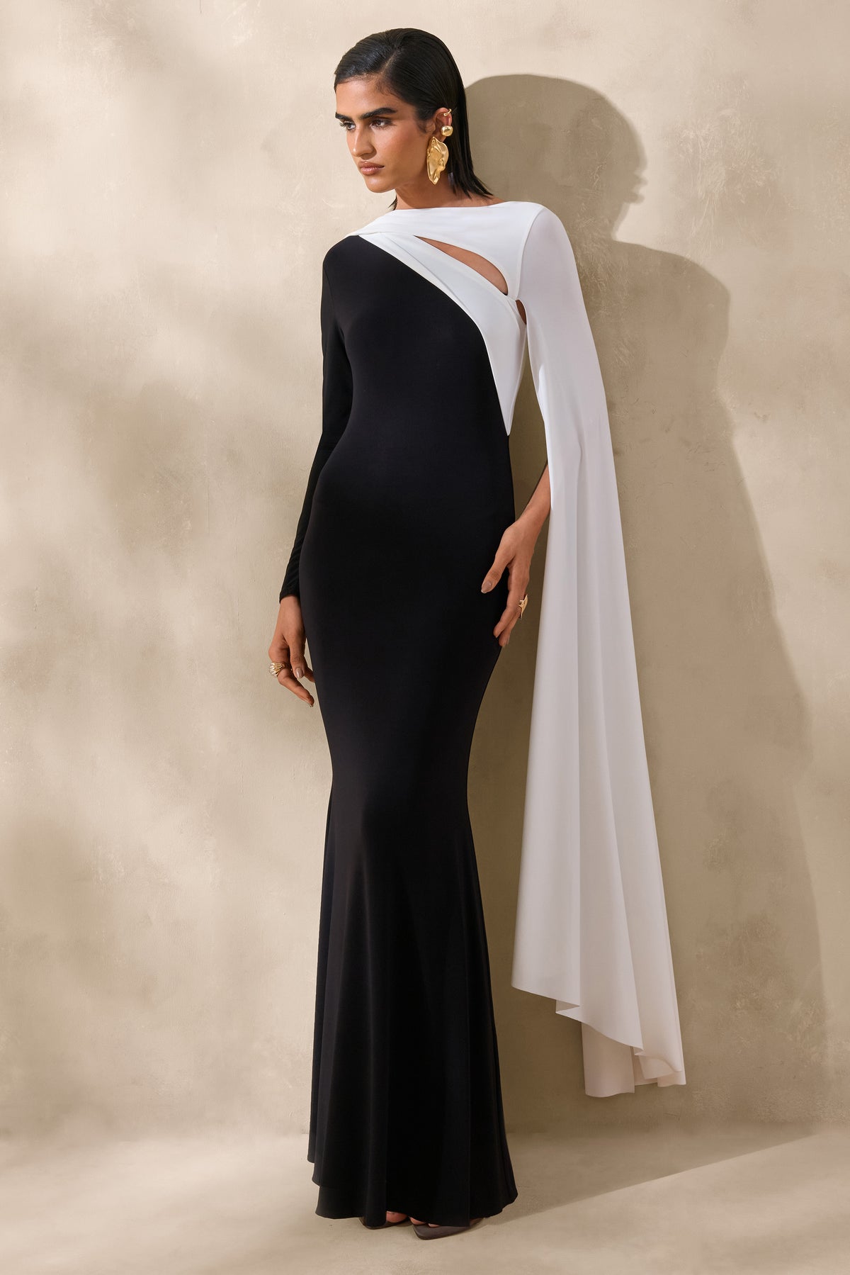 black and white asymmetrical dress Dabria Black And White Asymmetric-Neck Maxi Dress With Cape-Sleeve – Club L  London