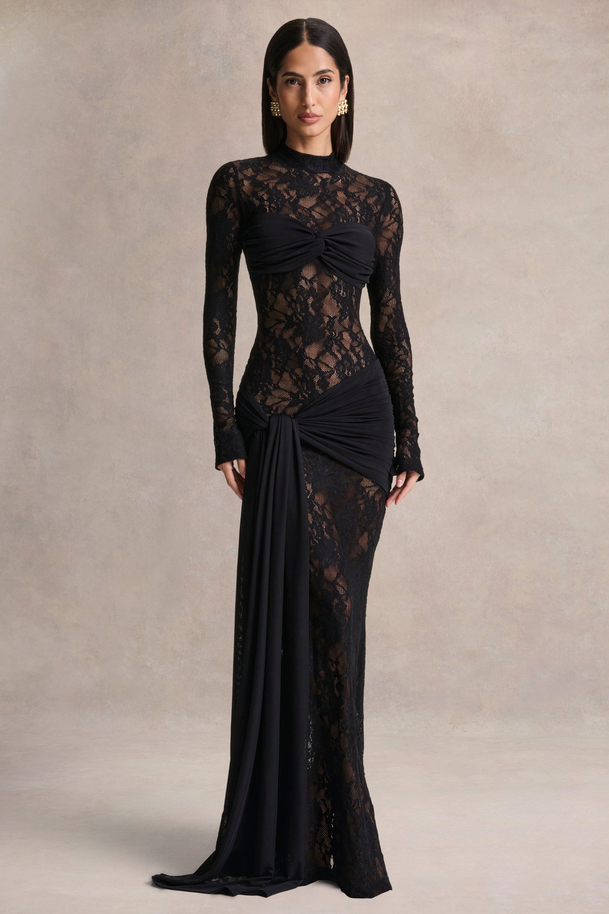 Akira | Black Sheer Lace Maxi Dress With Sash-Detail – Club L