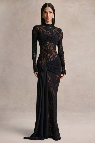 Akira | Black Sheer Lace Maxi Dress With Sash-Detail – Club L