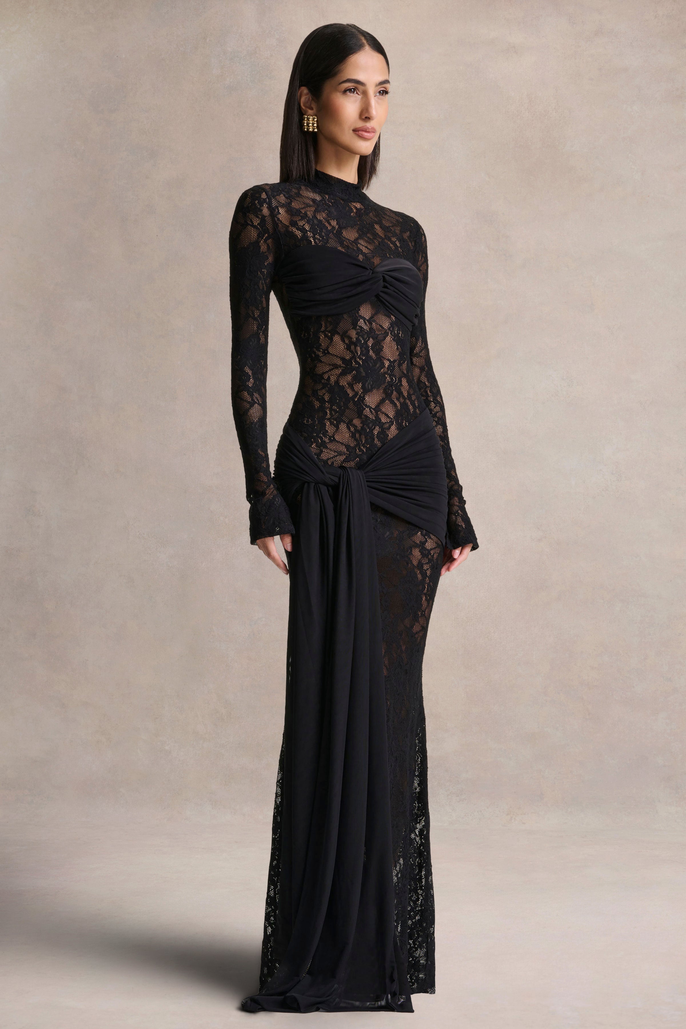 Akira | Black Sheer Lace High Neck Long Sleeve Maxi Dress With