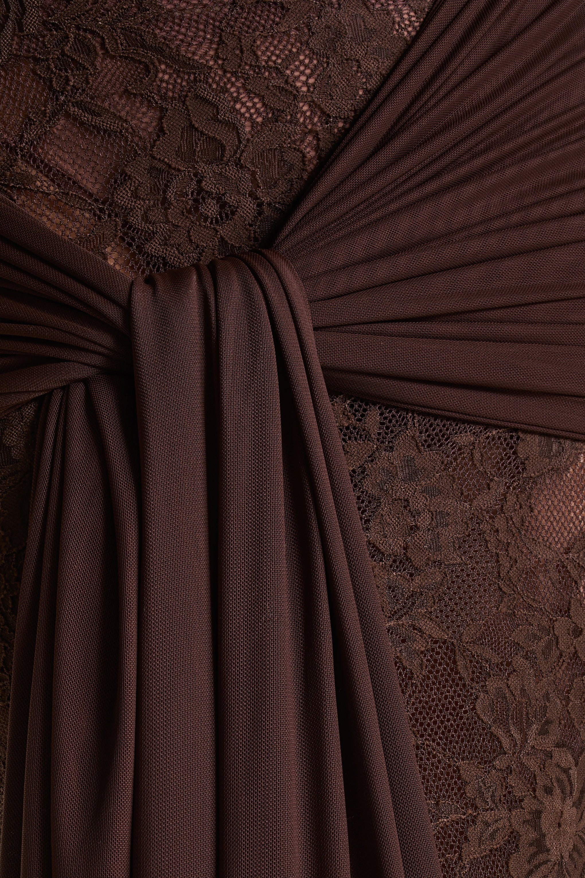 Akira | Brown Sheer Lace High Neck Long Sleeve Maxi Dress With