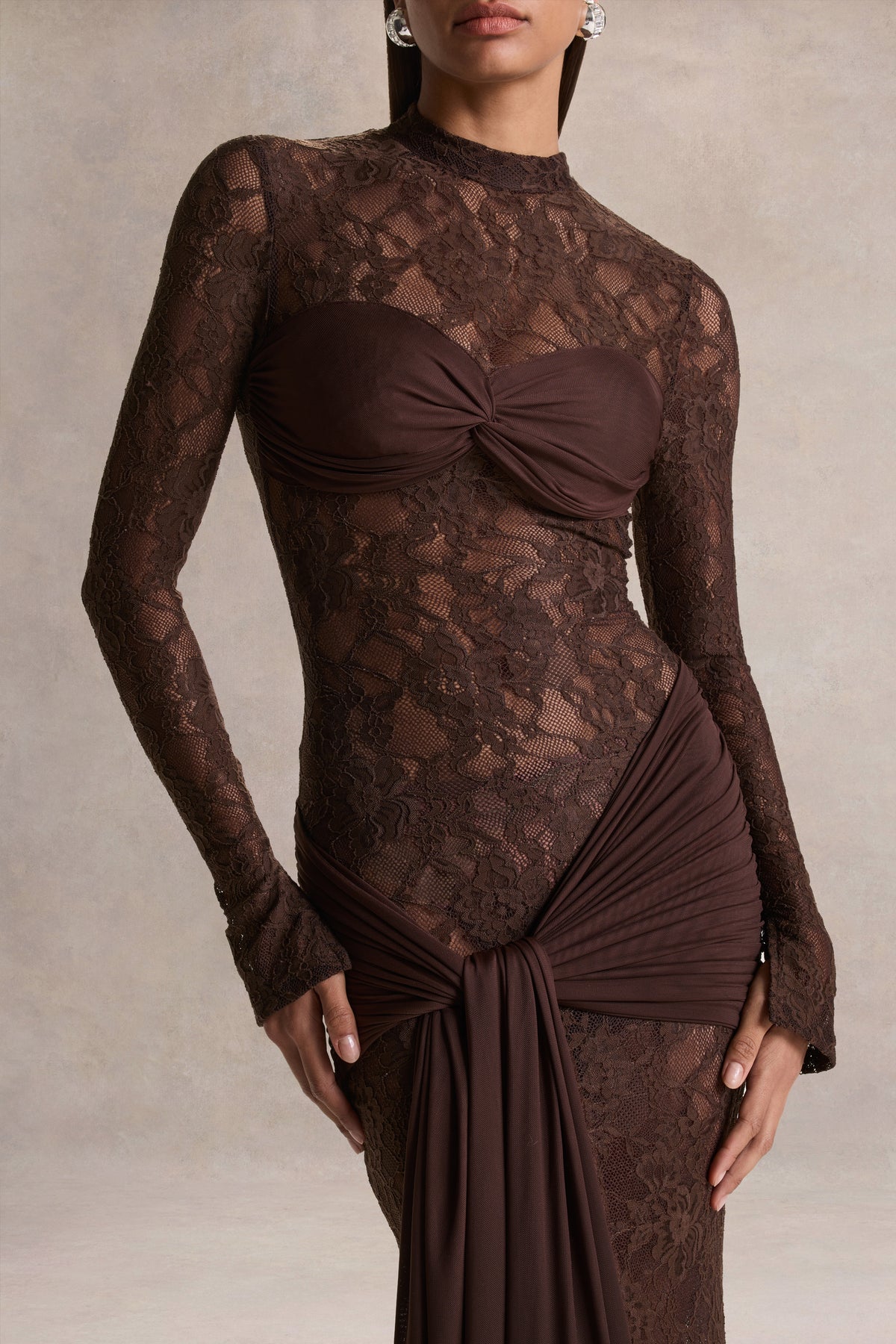 Akira Brown Lace Maxi Dress With Sash-Detail Club L London - UK Akira Brown Lace Maxi Dress With Sash-Detail Club L London - UK