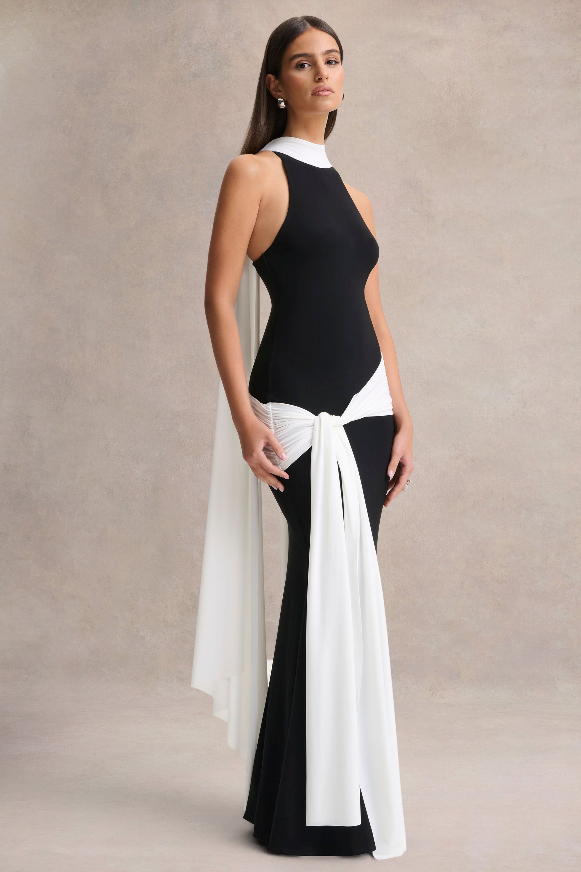 Dorinda | Black And White High-Neck Maxi Dress With Drape And Scarf-De – Club L London
