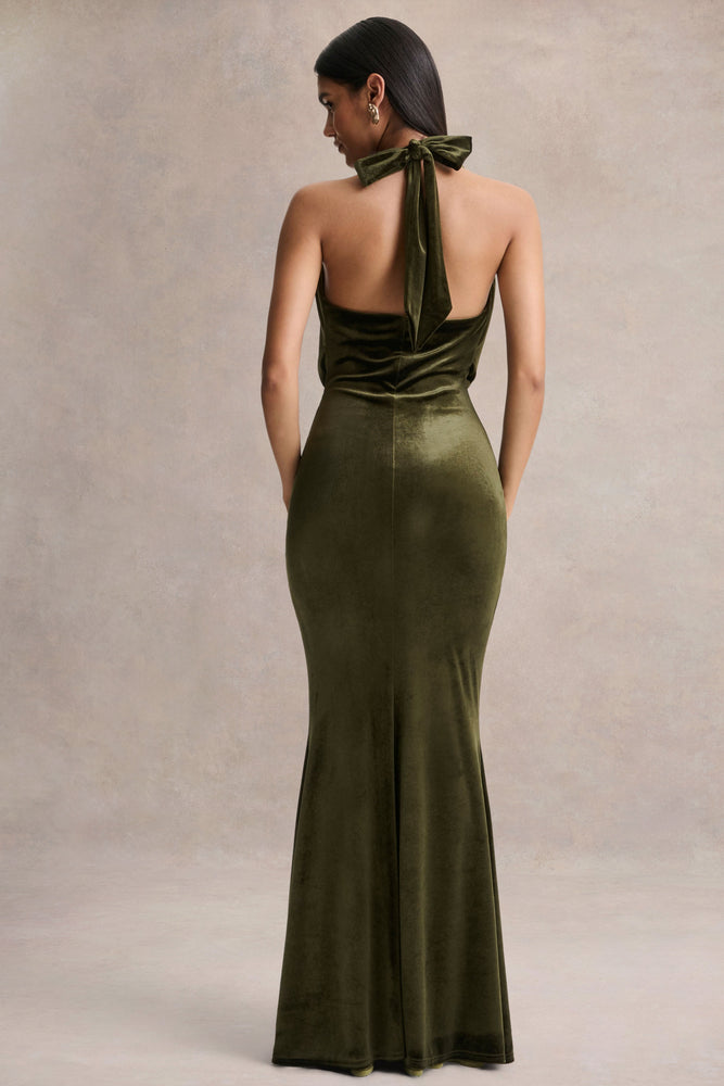 Lavernia Olive Velvet Halter-Neck Maxi Dress With Gathered-Detailing Club L London - UK Lavernia Olive Velvet Halter-Neck Maxi Dress With Gathered-Detailing Club L London - UK
