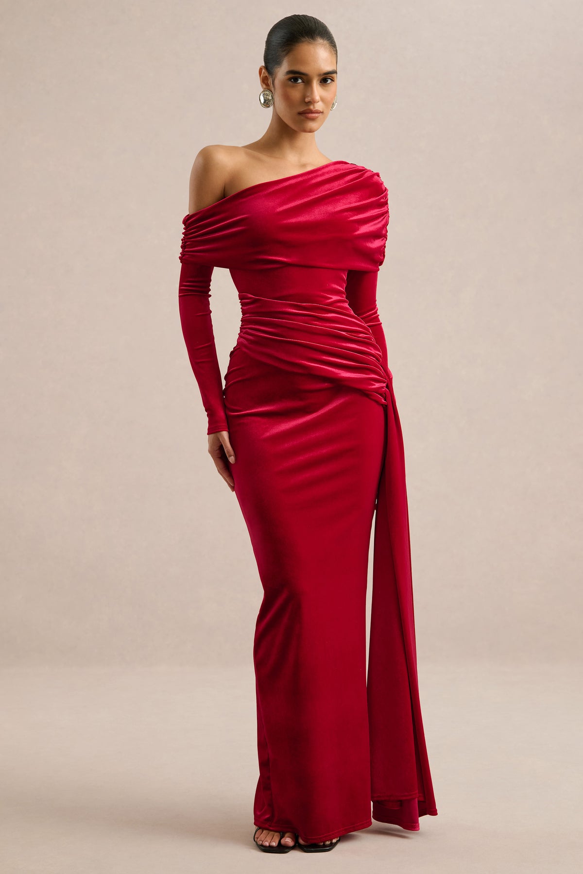 ECM_HR_CL137568100 - Hadria _ Red Velvet Asymmetric-Neck Maxi Dress With Sash-Detail1.jpg