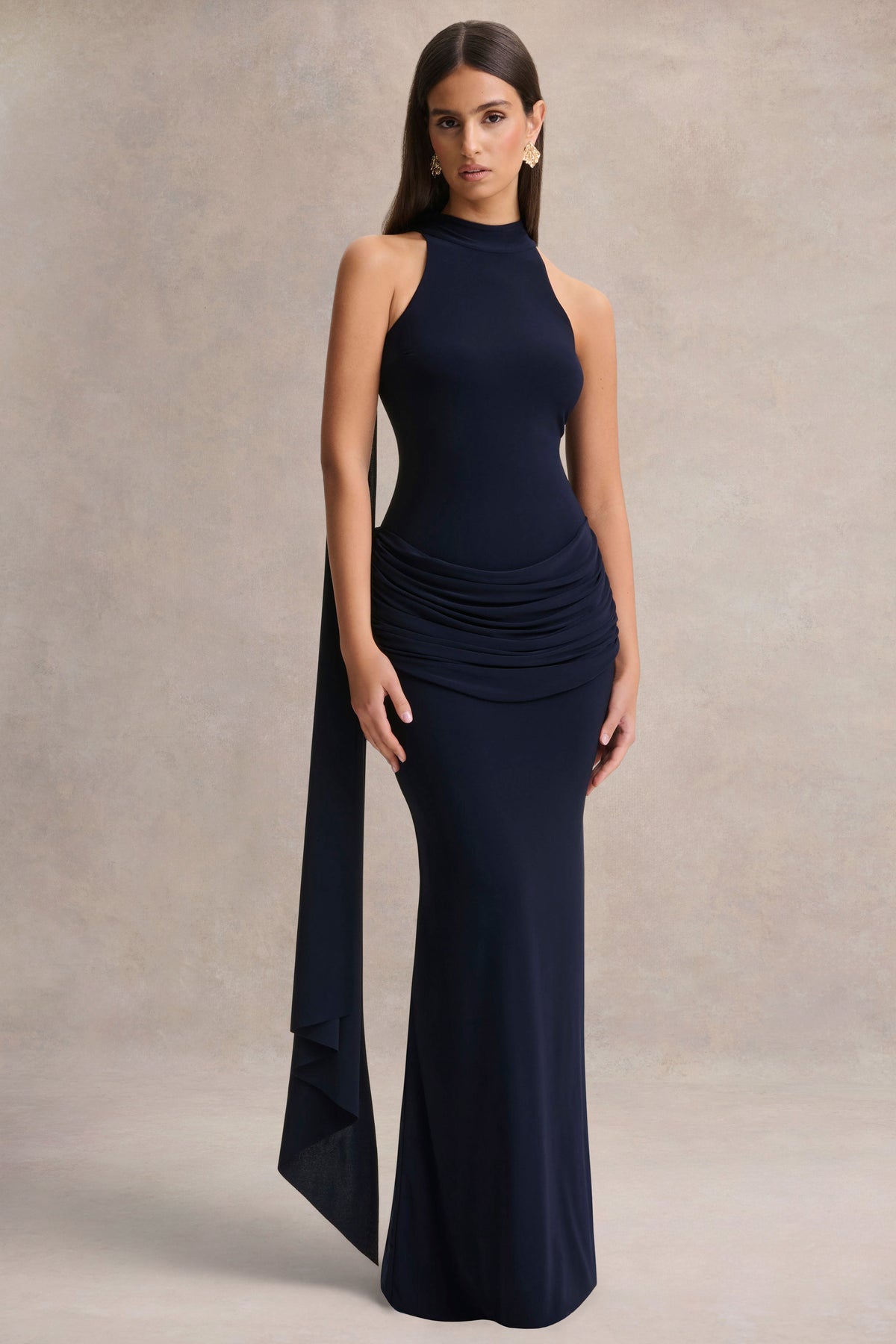 Hesperia Navy High-Neck Maxi Dress With Draped-Detailing And Scarf Club L London - UK Hesperia Navy High-Neck Maxi Dress With Draped-Detailing And Scarf Club L London - UK