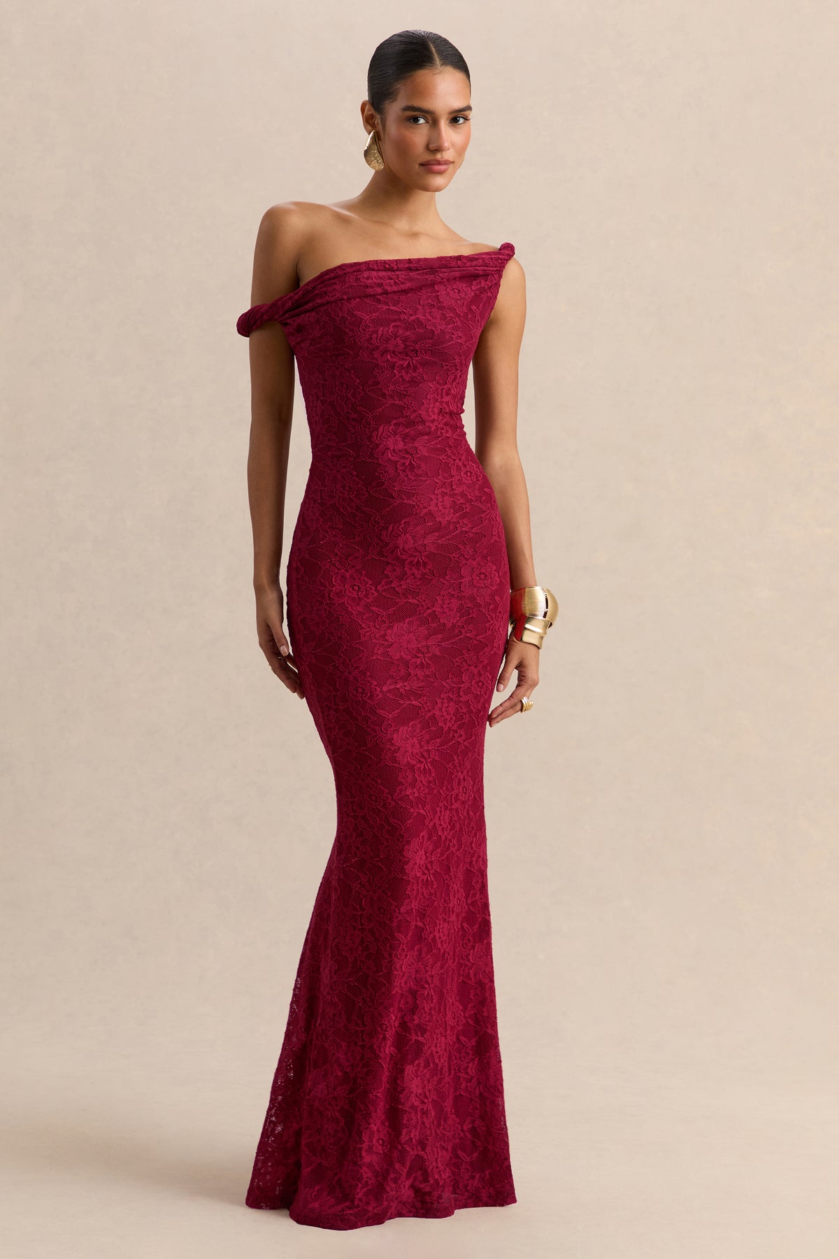 Afina Burgundy Lace Asymmetric-Neck Maxi Dress – Club L London