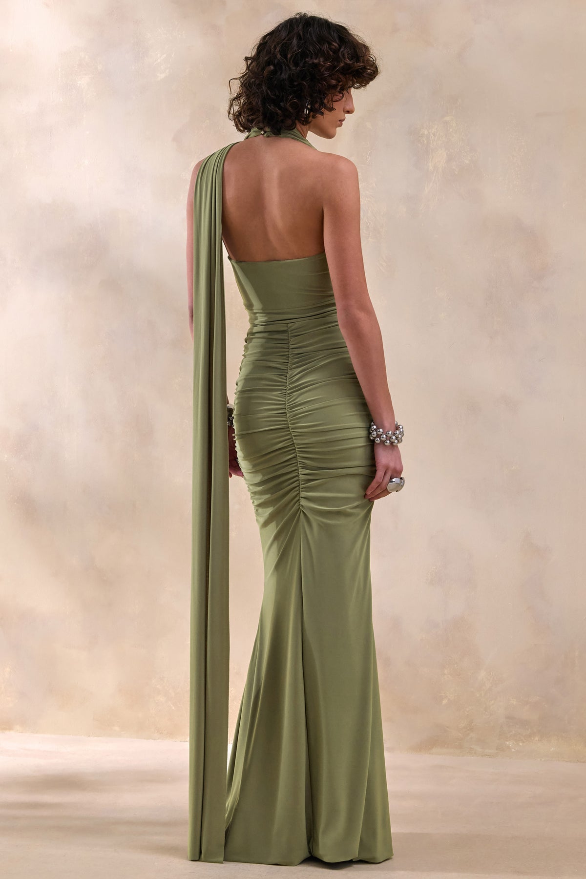 Roselani Olive Halter-Neck Maxi Dress With Open-Back Club L London - UK Roselani Olive Halter-Neck Maxi Dress With Open-Back Club L London - UK
