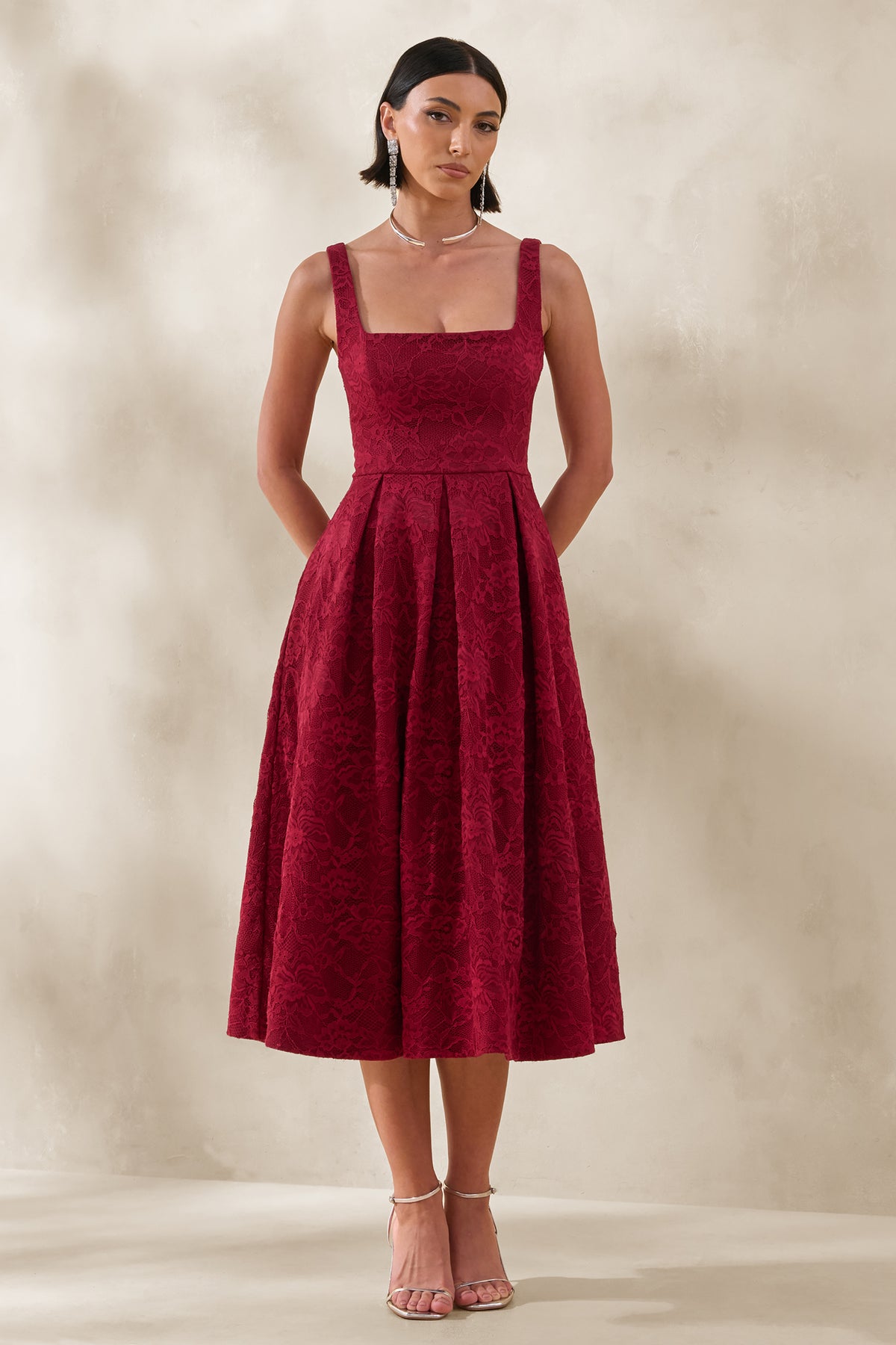 Ashmara Burgundy Lace Square-Neck Midi Dress Club L London - UK Ashmara Burgundy Lace Square-Neck Midi Dress Club L London - UK
