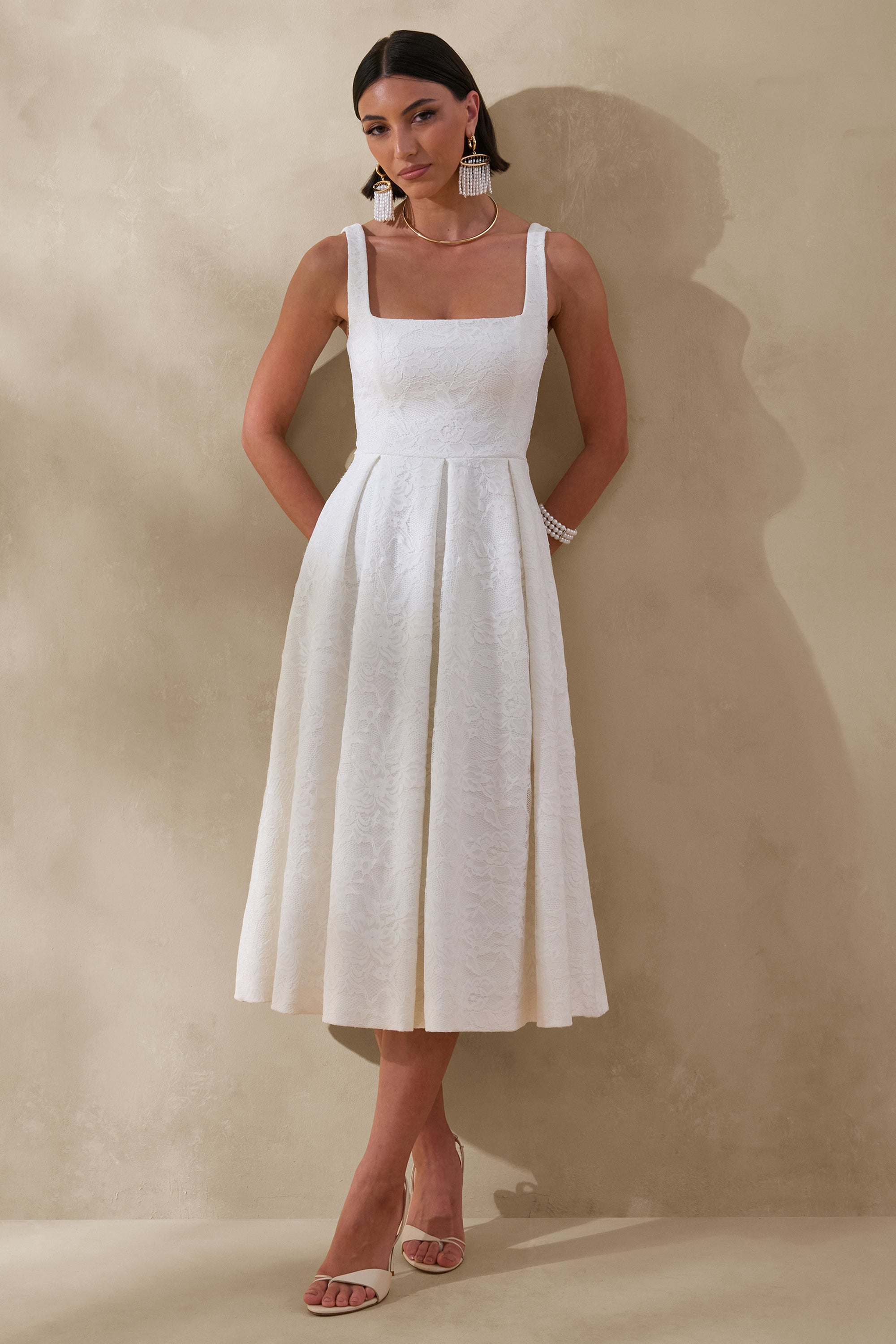 Ashmara | White Lace Square-Neck Midi Dress – Club L London
