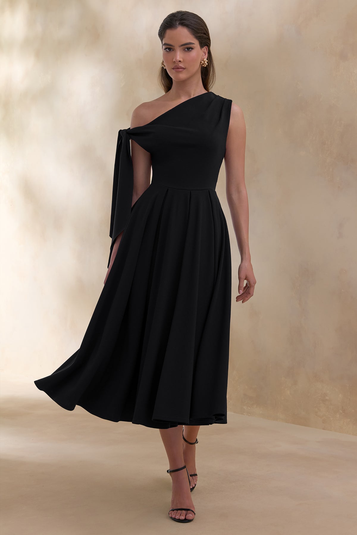 Daring Black Asymmetric-Neck Midi Dress With Knot-Detail Club L London - UK Daring Black Asymmetric-Neck Midi Dress With Knot-Detail Club L London - UK